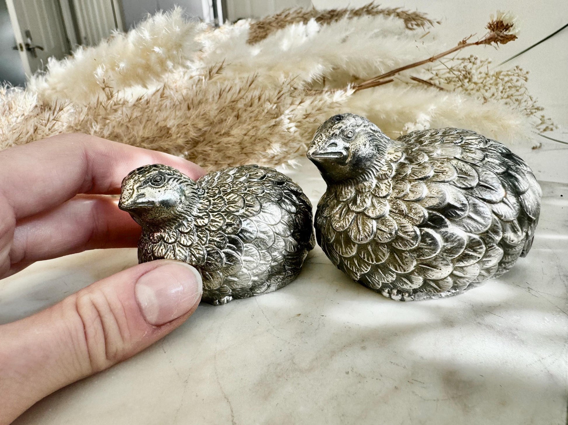 Pair of Vintage Silver-Plated Quail Salt & Pepper Shakers – Hand-Finished Bird Figurines with Feather Detailing
