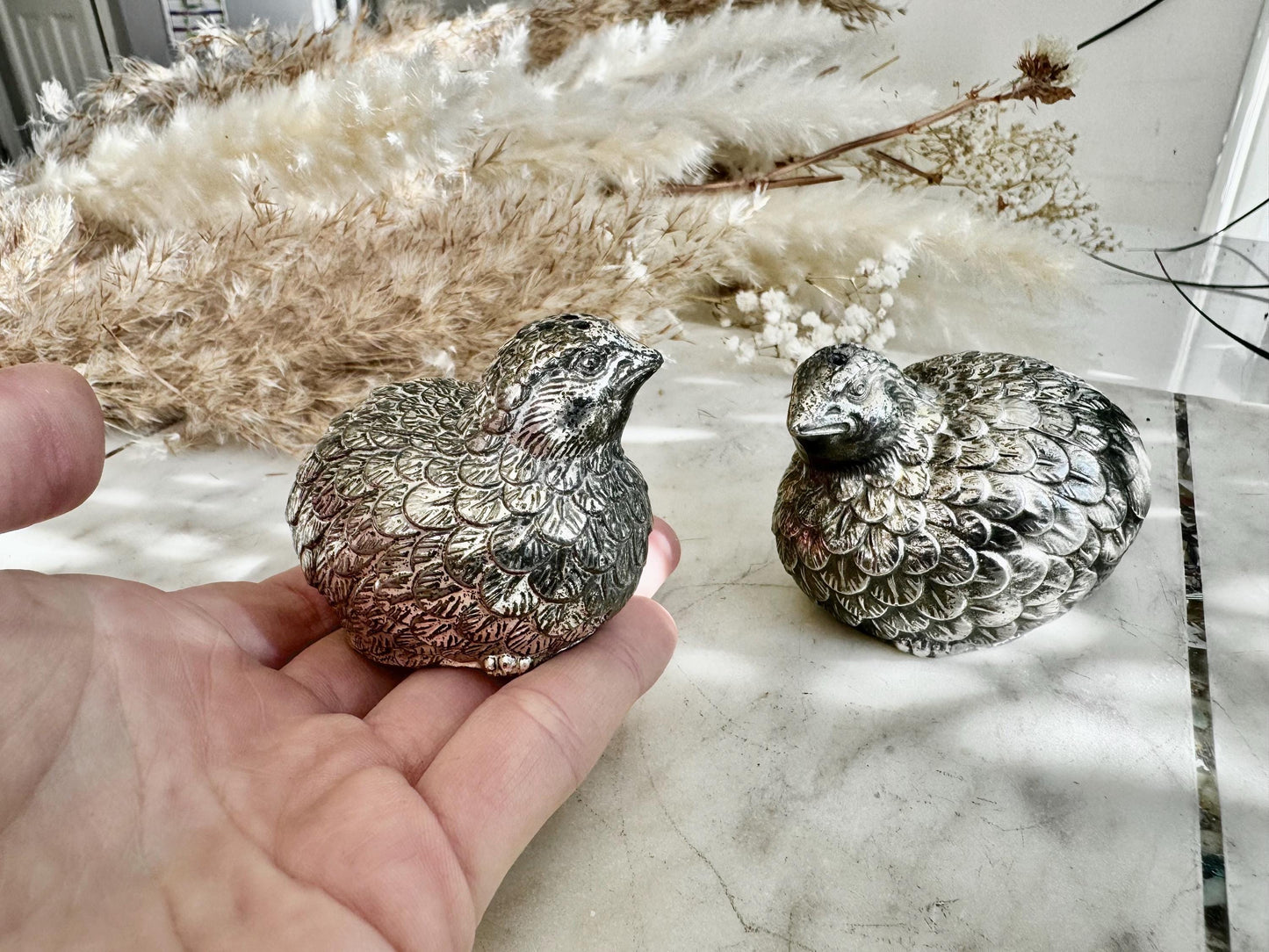 Pair of Vintage Silver-Plated Quail Salt & Pepper Shakers – Hand-Finished Bird Figurines with Feather Detailing