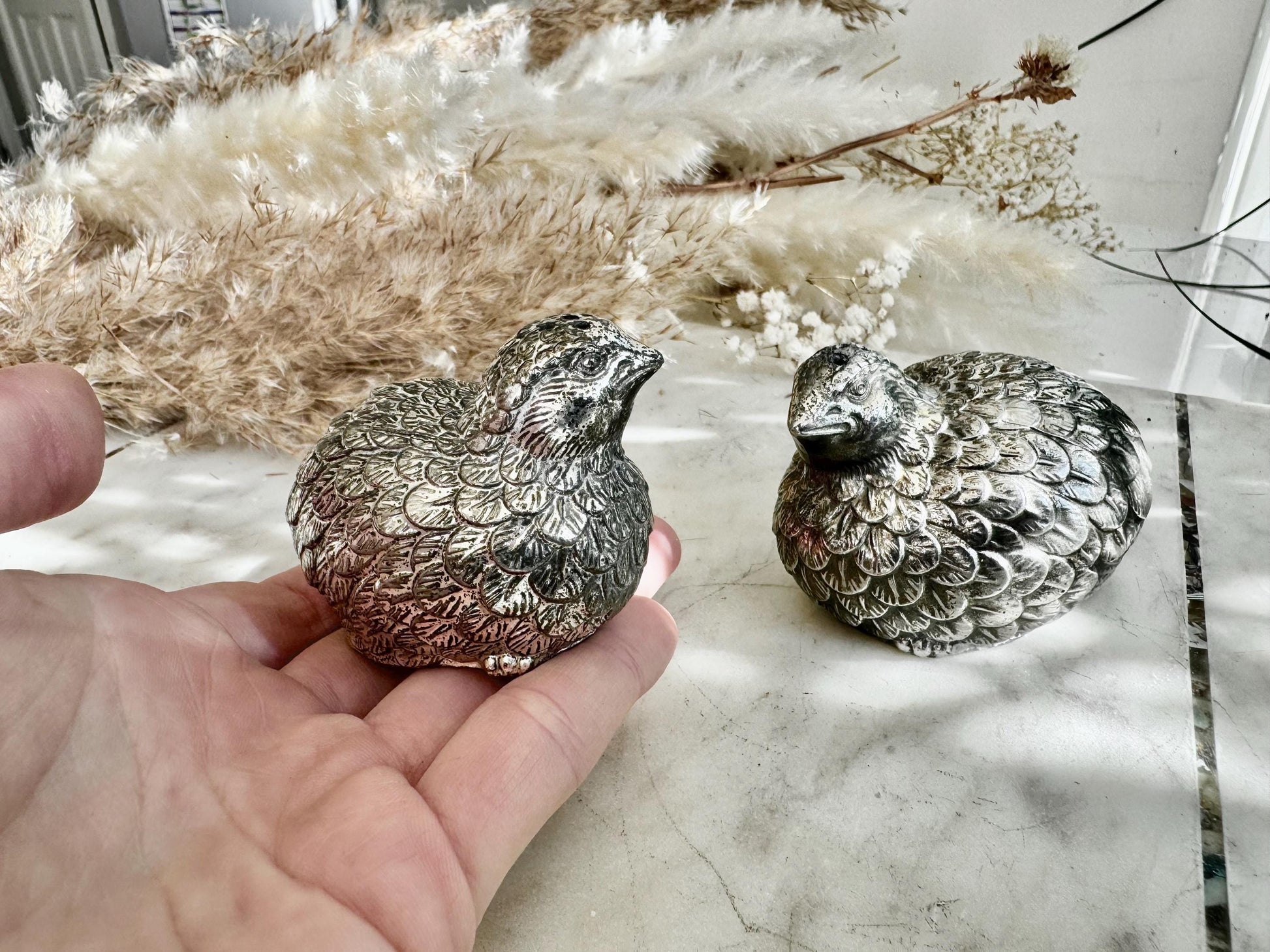 Pair of Vintage Silver-Plated Quail Salt & Pepper Shakers – Hand-Finished Bird Figurines with Feather Detailing