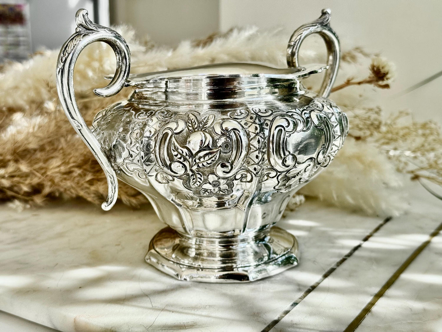 Victorian Ornate Twin-Handled Silver Sugar Bowl by James R. & Sons, Sheffield