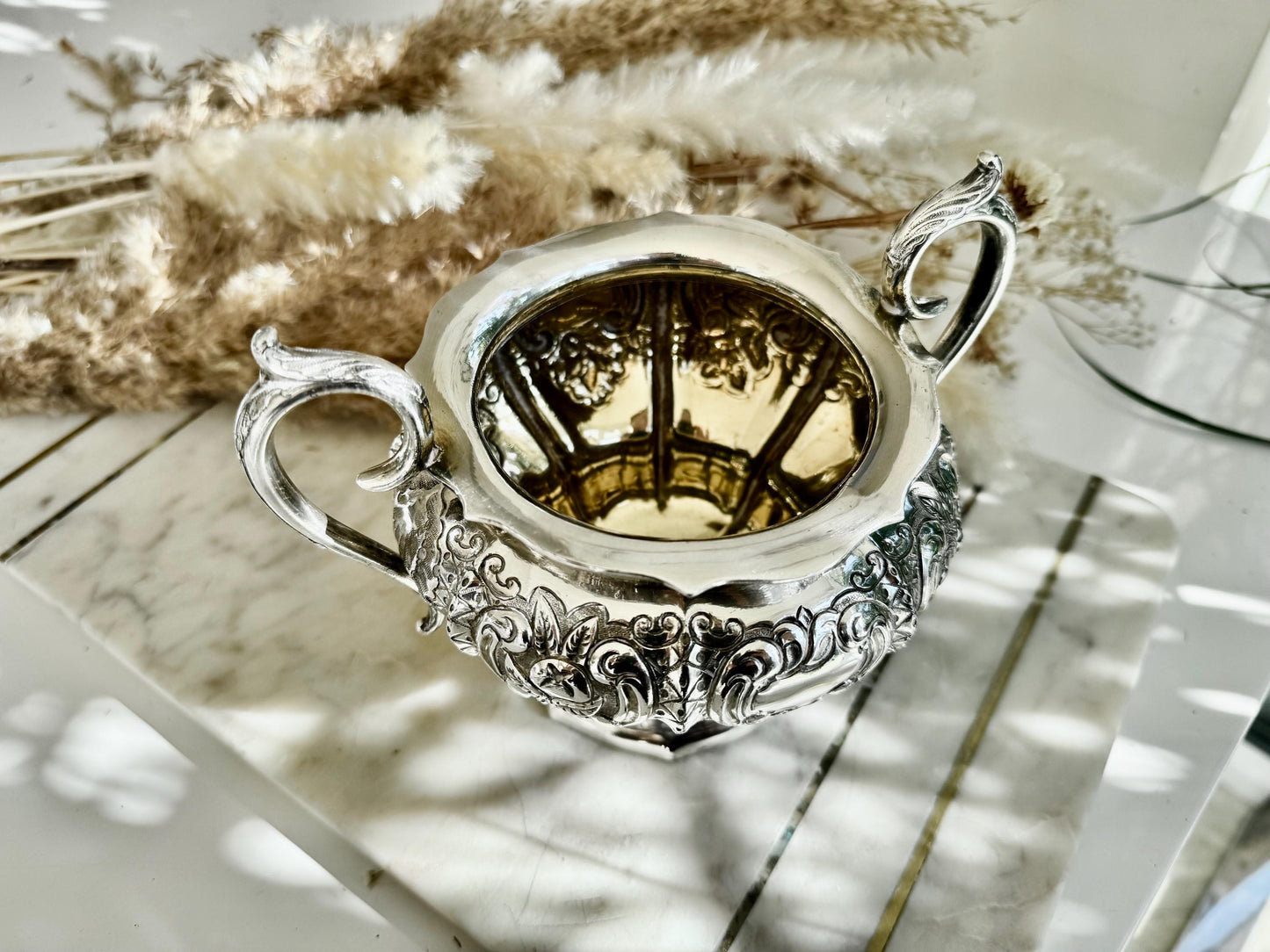 Victorian Ornate Twin-Handled Silver Sugar Bowl by James R. & Sons, Sheffield