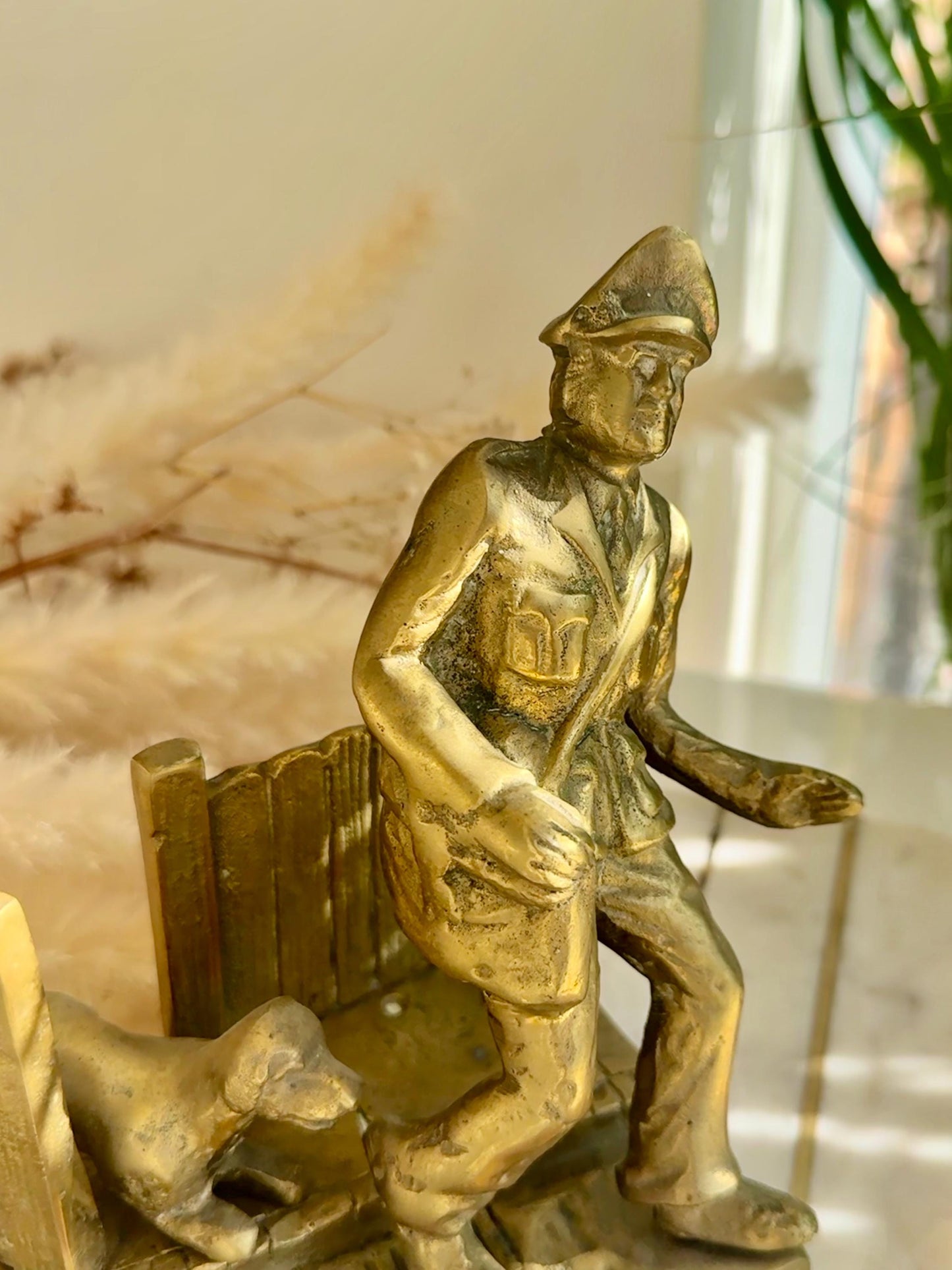 Vintage Brass Doorstop “Beware of the Dog” with Postman and Dog Scene – Humorous Figurine – Mid-Century Cast Brass Sculpture