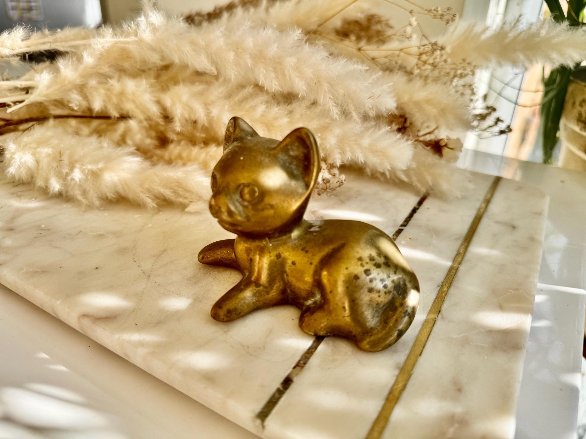 Solid Brass Kitten Figurine – Playful Vintage- Cat Sculpture, Small Brass Cat Paperweight
