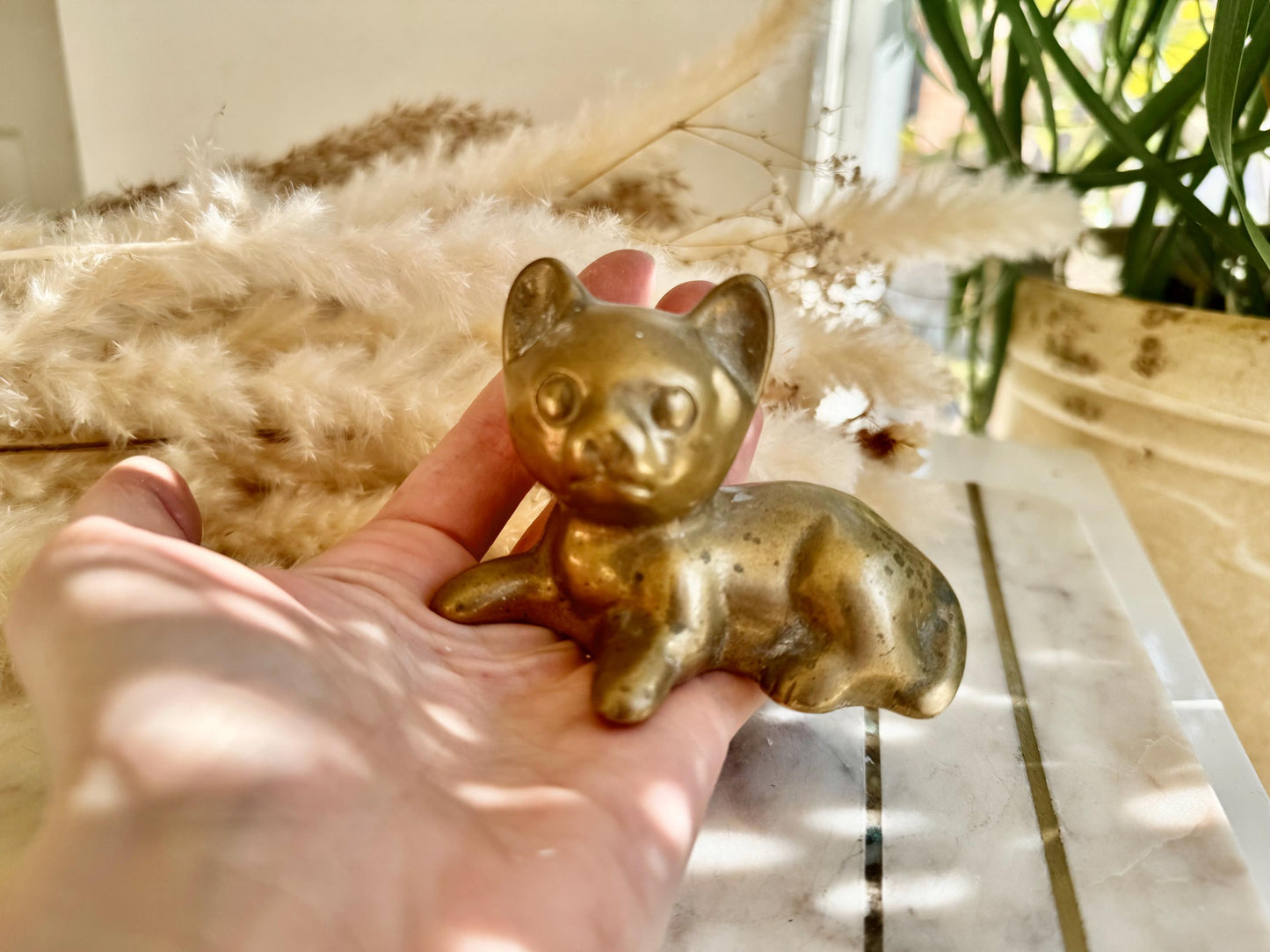 Solid Brass Kitten Figurine – Playful Vintage- Cat Sculpture, Small Brass Cat Paperweight