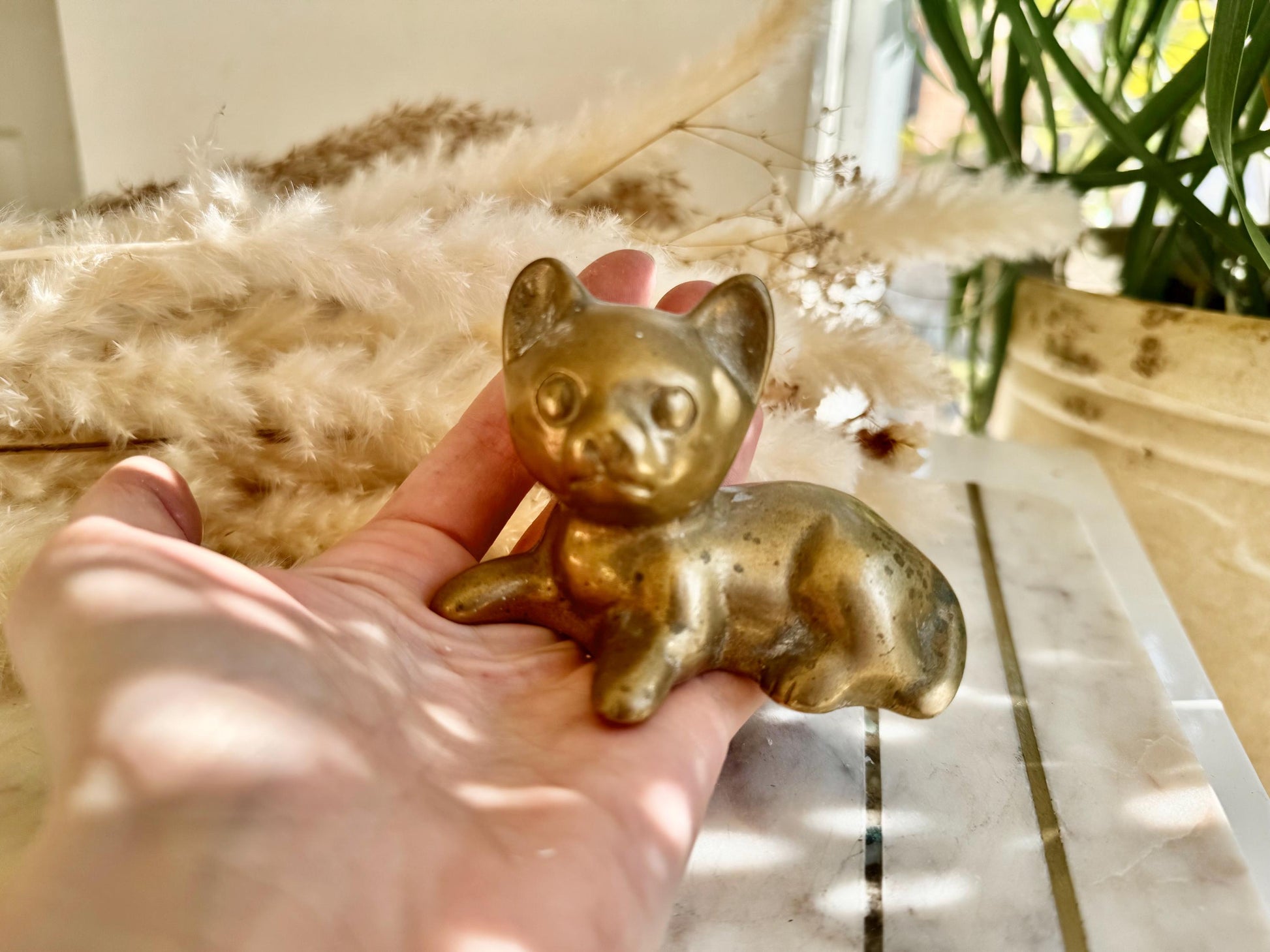 Solid Brass Kitten Figurine – Playful Vintage- Cat Sculpture, Small Brass Cat Paperweight