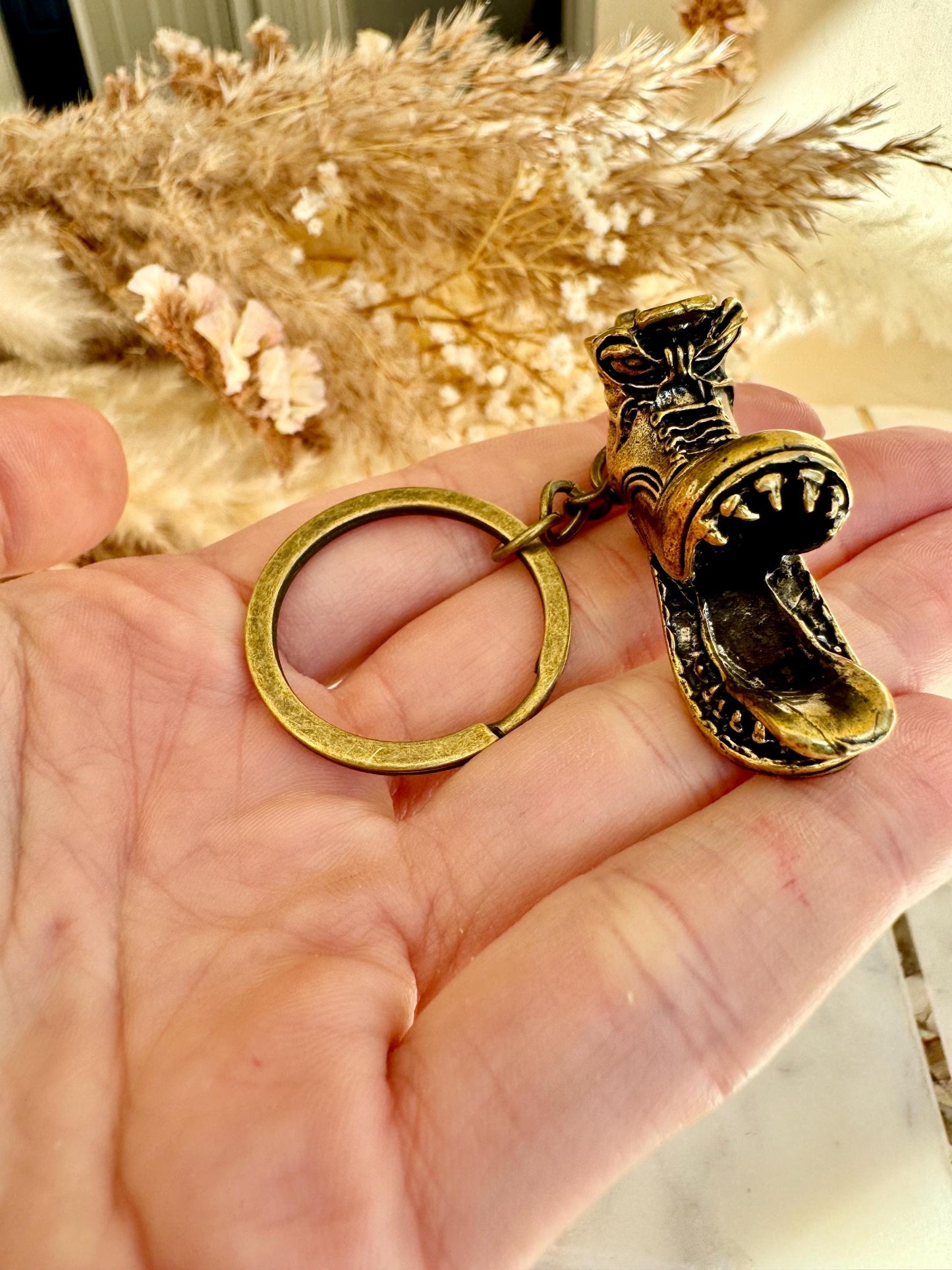 Brass Shoe Keychain with Monster Teeth – Funny Combat Boot Pendant, Heavyweight Key Ring for Men