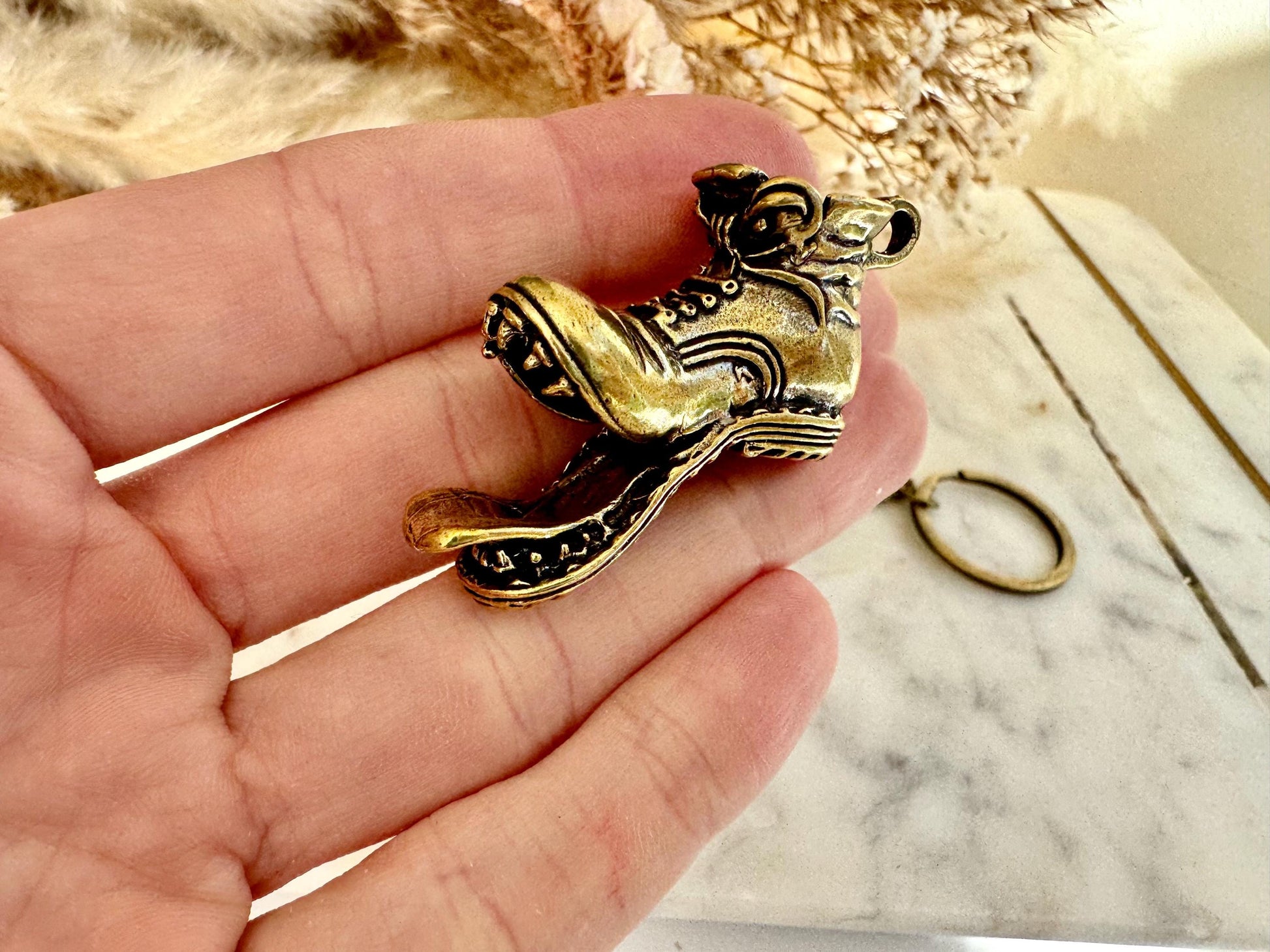 Brass Shoe Keychain with Monster Teeth – Funny Combat Boot Pendant, Heavyweight Key Ring for Men