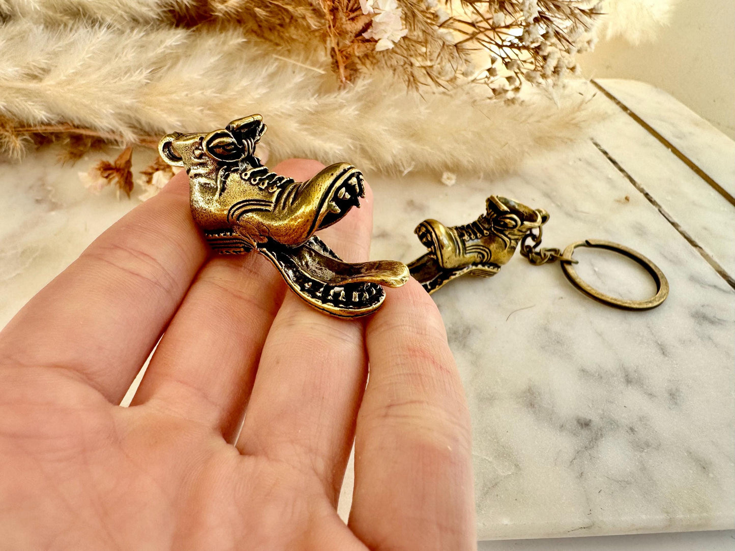 Brass Shoe Keychain with Monster Teeth – Funny Combat Boot Pendant, Heavyweight Key Ring for Men