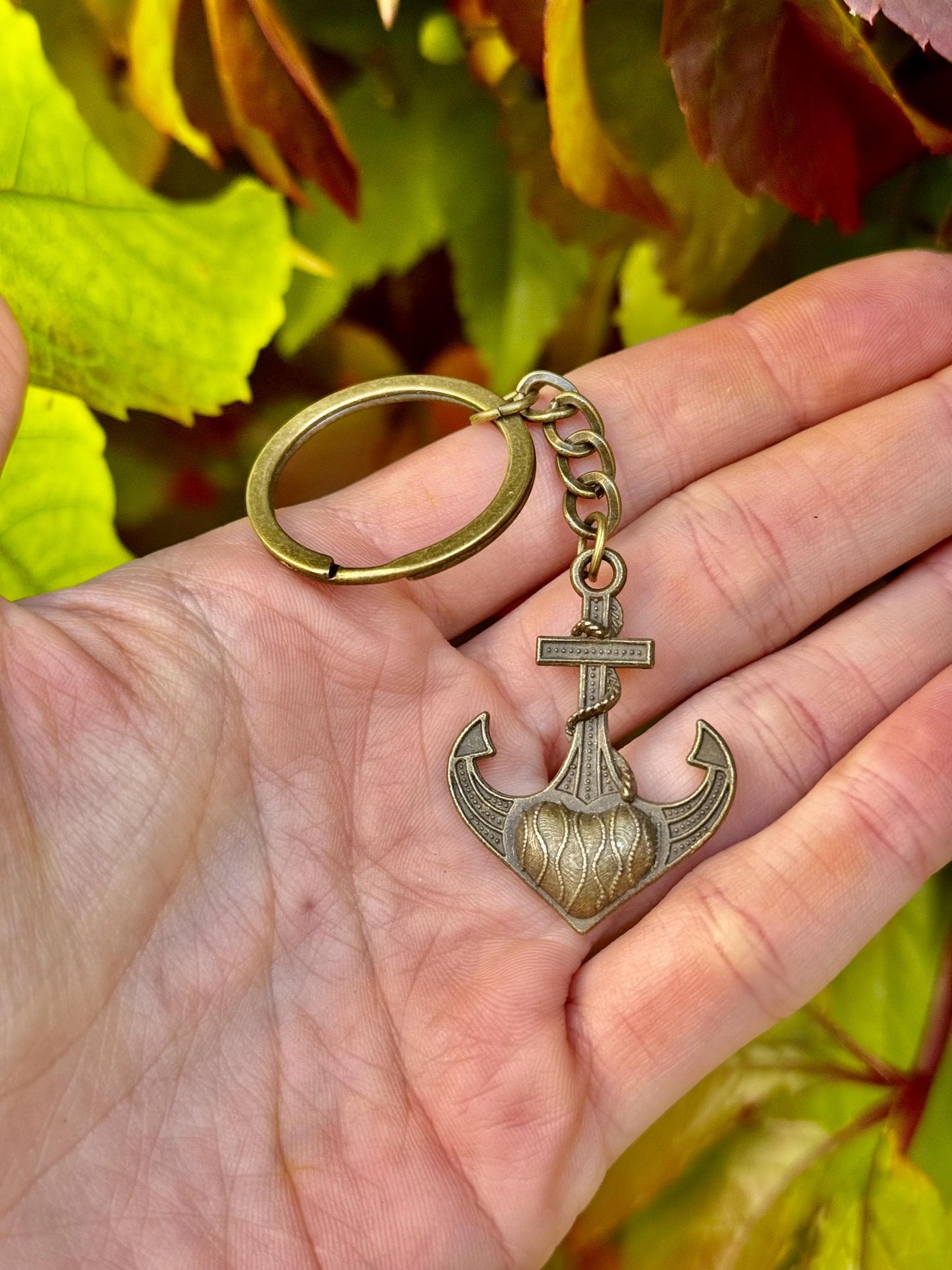 Brass Keychain with Sacred Heart Anchor Charm – Nautical Symbol of Love and Hope