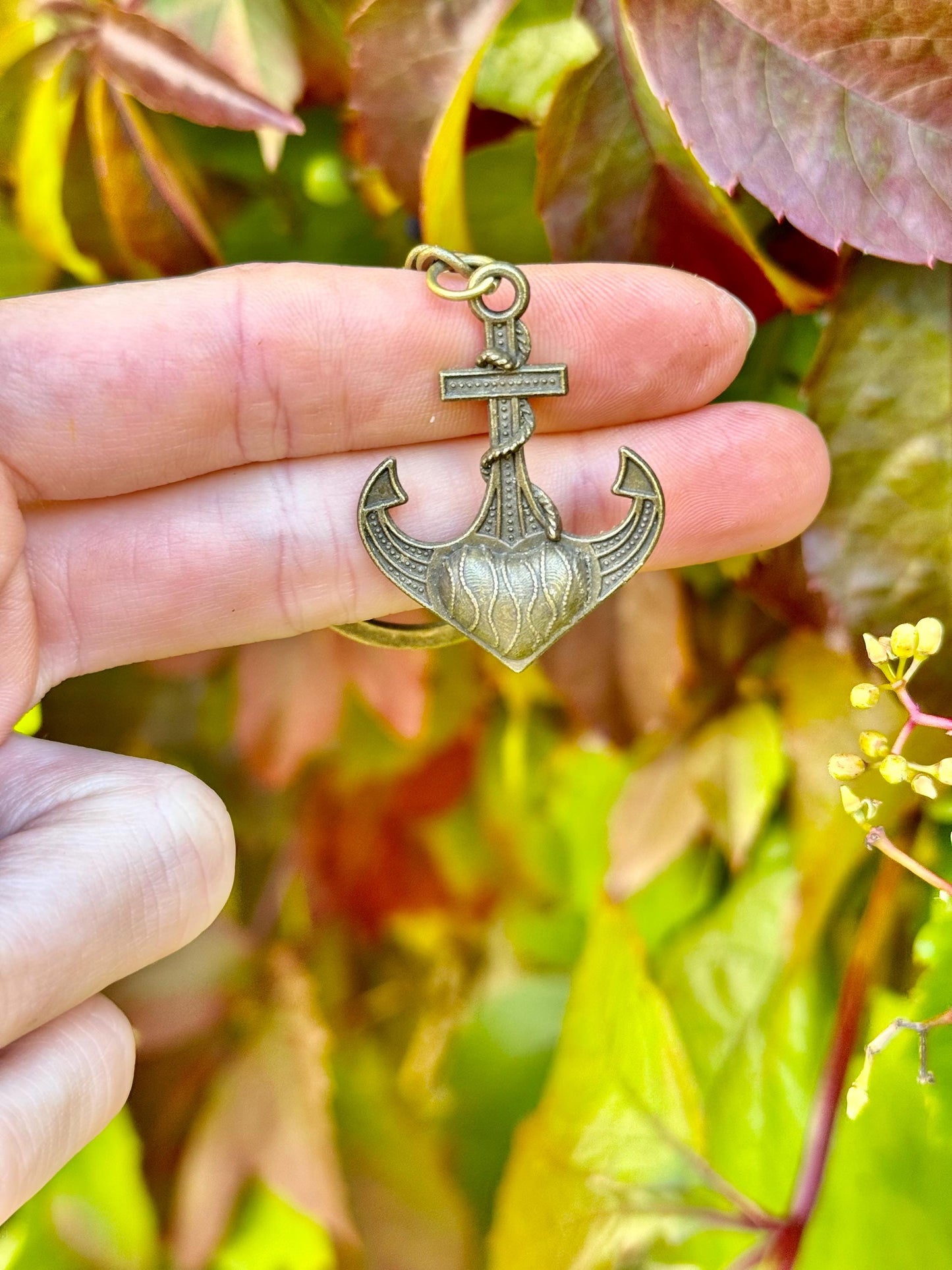 Brass Keychain with Sacred Heart Anchor Charm – Nautical Symbol of Love and Hope
