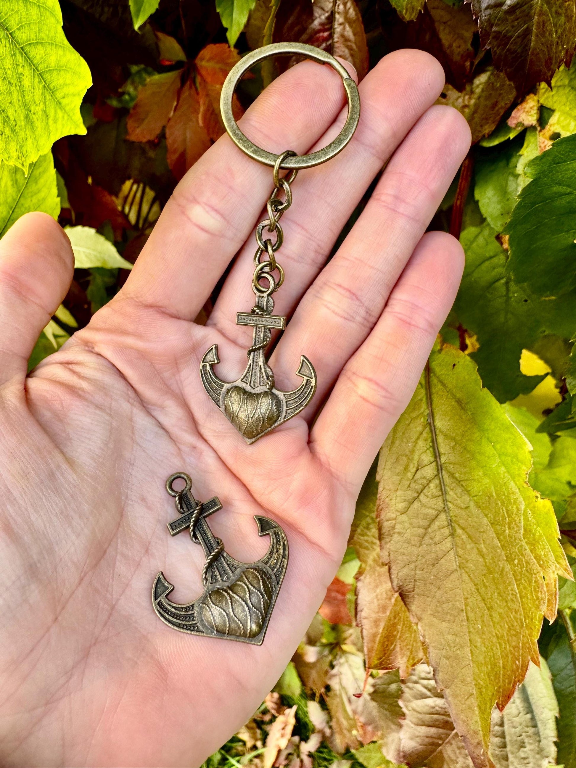 Brass Keychain with Sacred Heart Anchor Charm – Nautical Symbol of Love and Hope