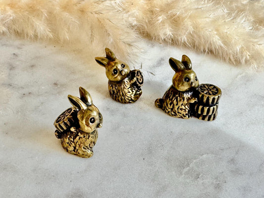 Set of 3 Brass Bunny Figurines with Biscuits – Whimsical Miniature Rabbit Statues – Decorative Home Ornament, cute gift