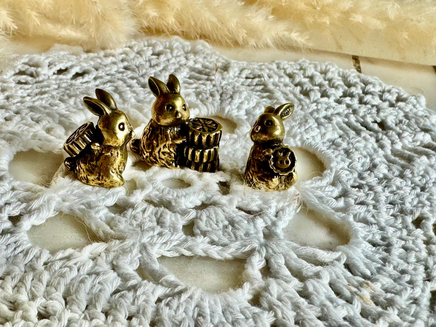 Set of 3 Brass Bunny Figurines with Biscuits – Whimsical Miniature Rabbit Statues – Decorative Home Ornament, cute gift