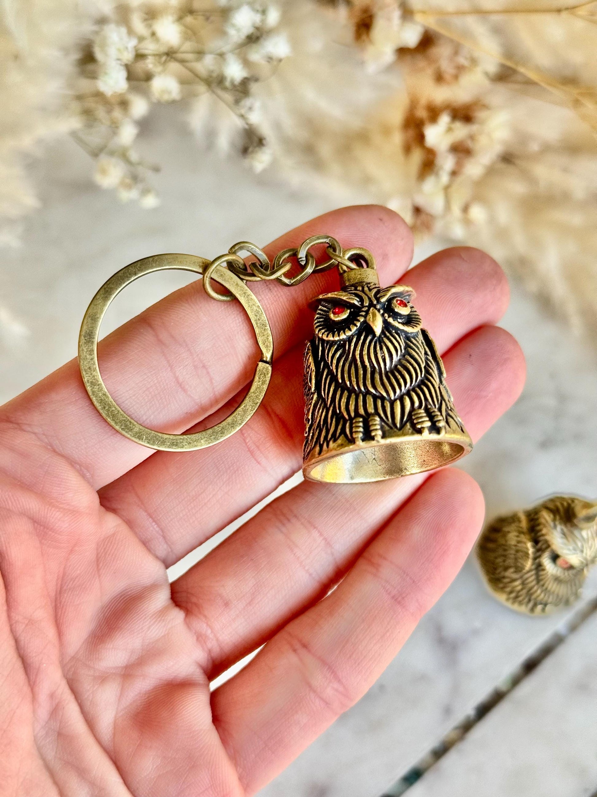 Brass Owl Keychain Bell with Red Eyes – Solid Metal Good Luck Charm
