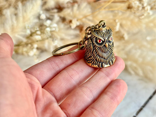 Brass Owl Keychain Bell with Red Eyes – Solid Metal Good Luck Charm