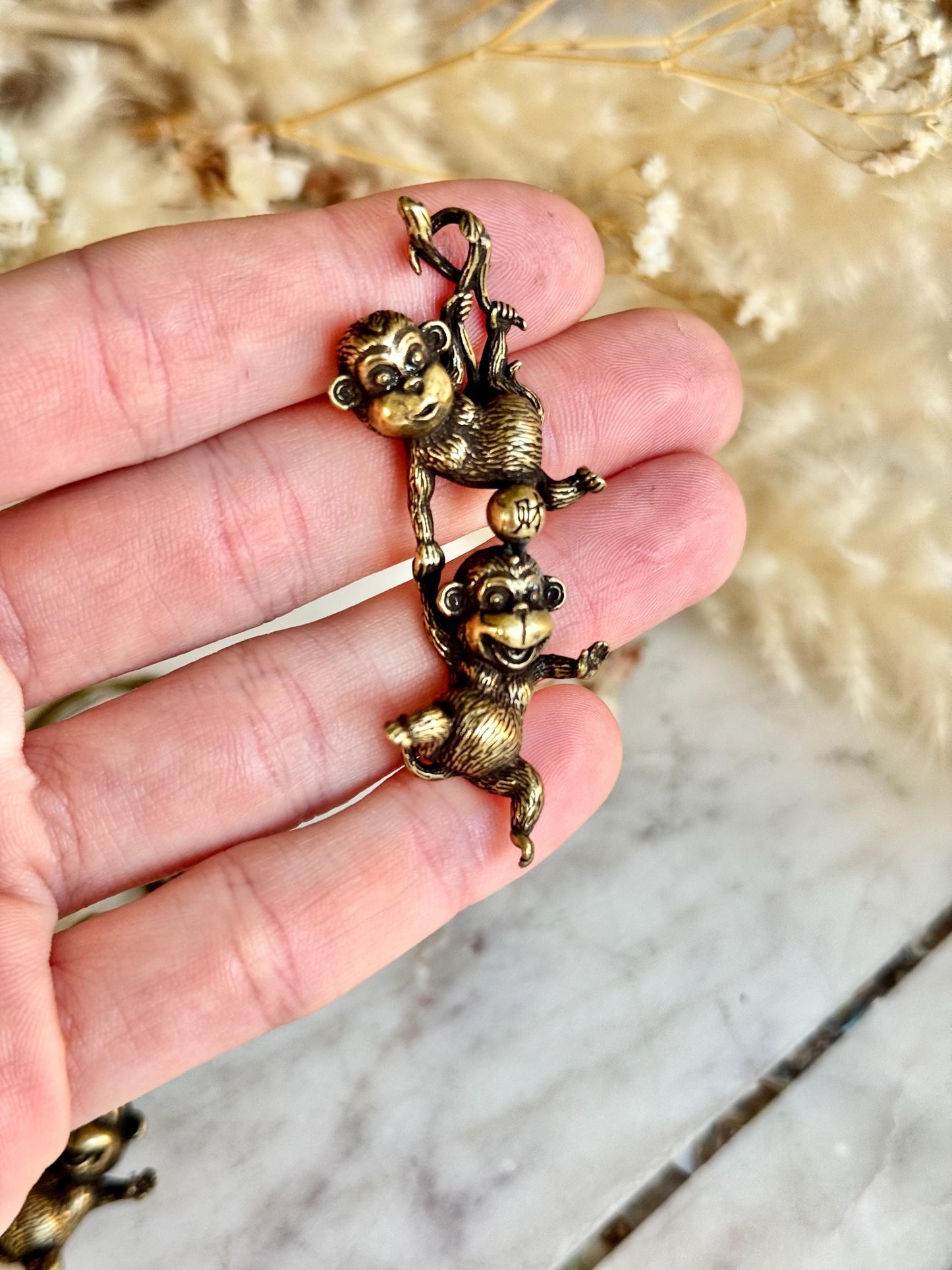 Japanese Style Solid Brass Silly Monkeys Keychain – Two Monkeys Hanging Together – Playful Duo Figurine