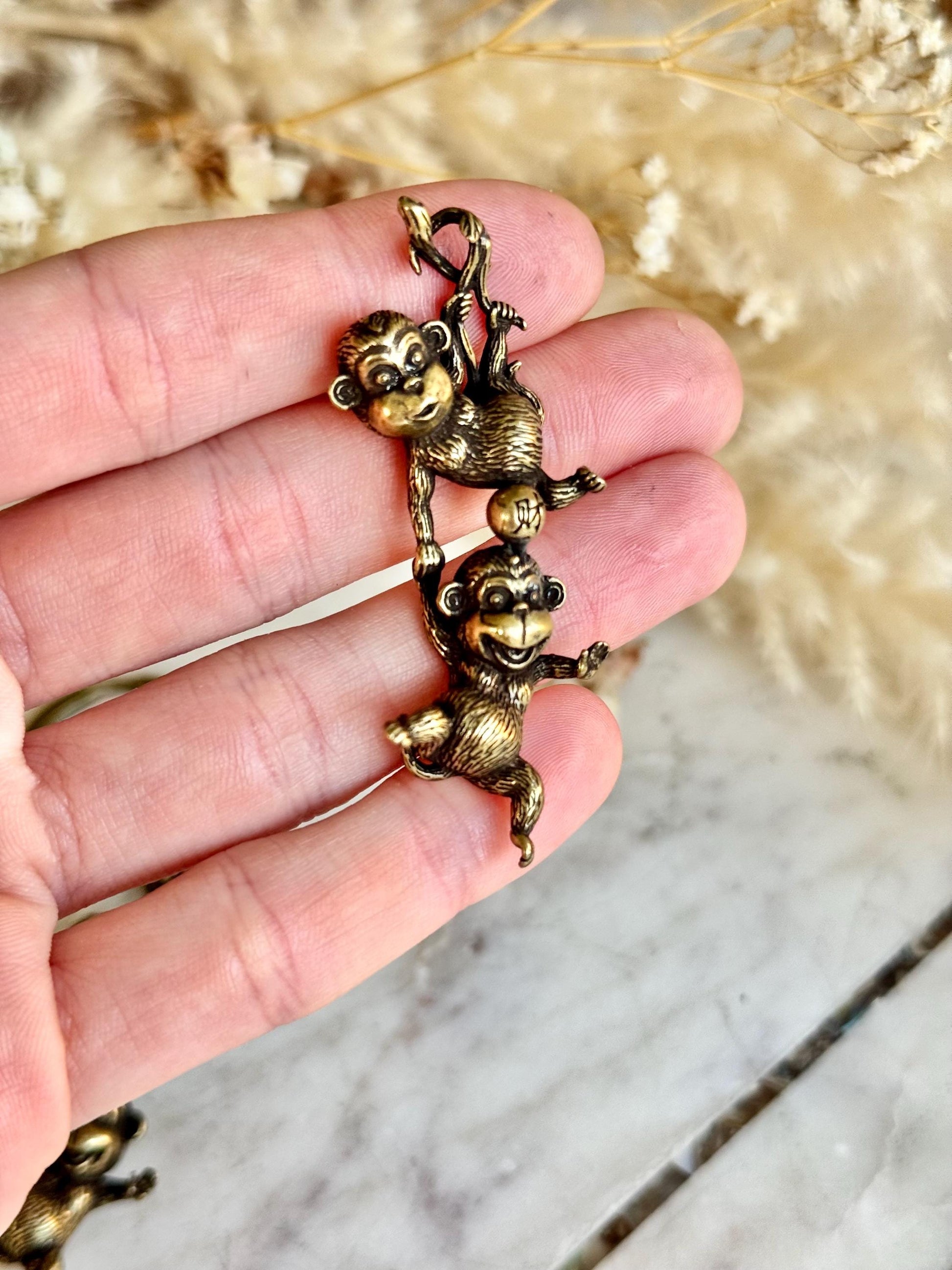 Japanese Style Solid Brass Silly Monkeys Keychain – Two Monkeys Hanging Together – Playful Duo Figurine