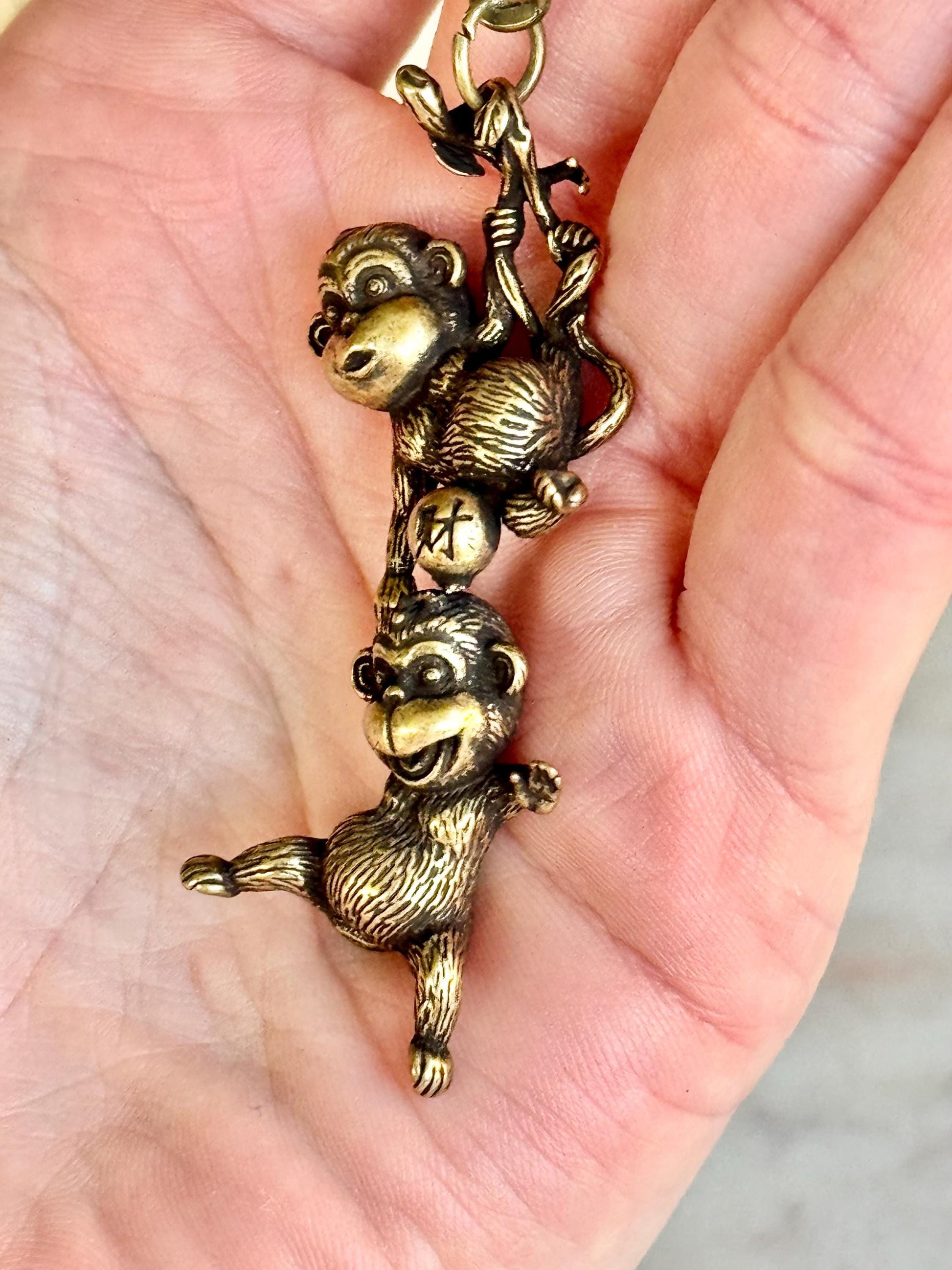 Japanese Style Solid Brass Silly Monkeys Keychain – Two Monkeys Hanging Together – Playful Duo Figurine