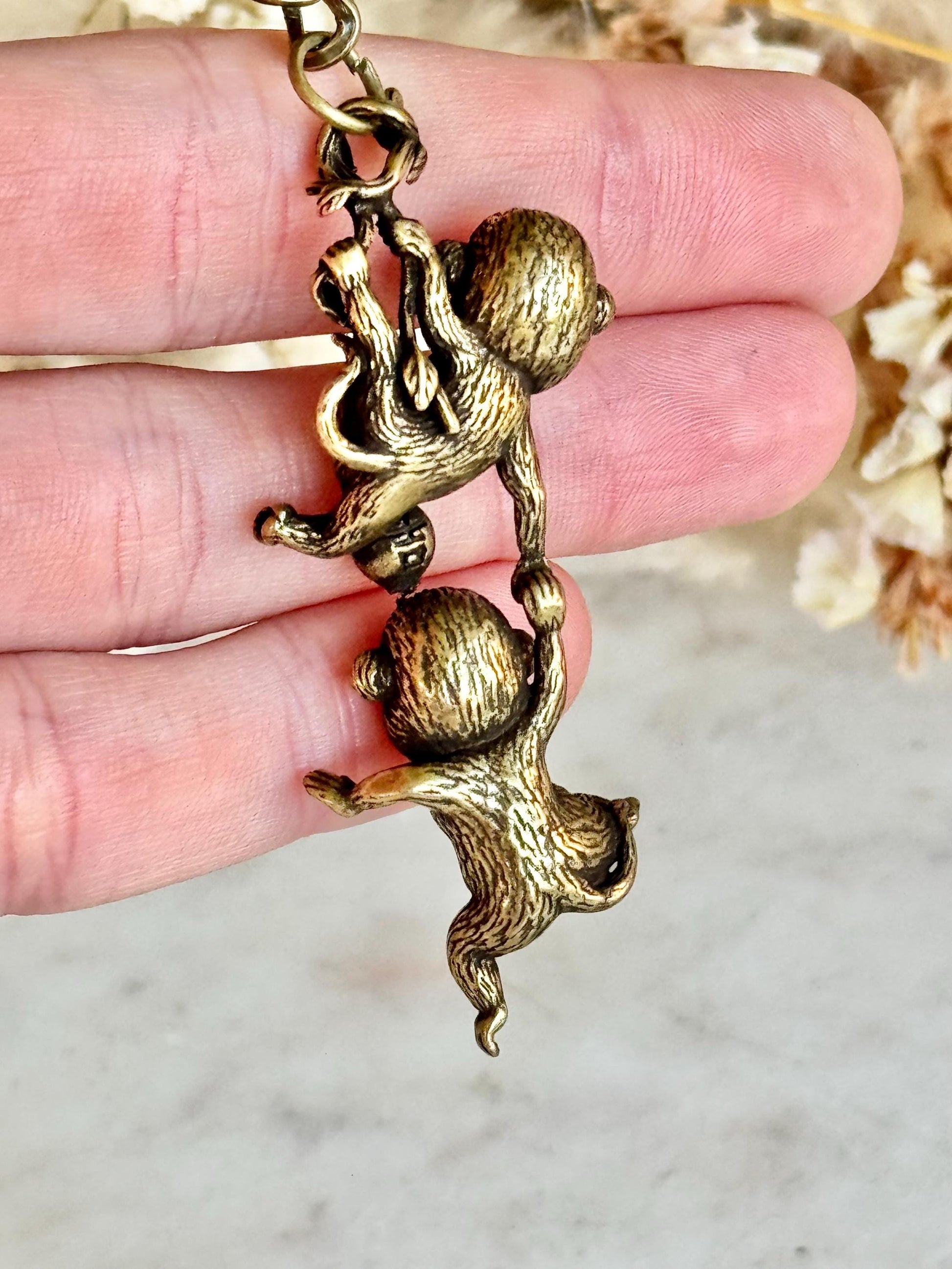 Japanese Style Solid Brass Silly Monkeys Keychain – Two Monkeys Hanging Together – Playful Duo Figurine