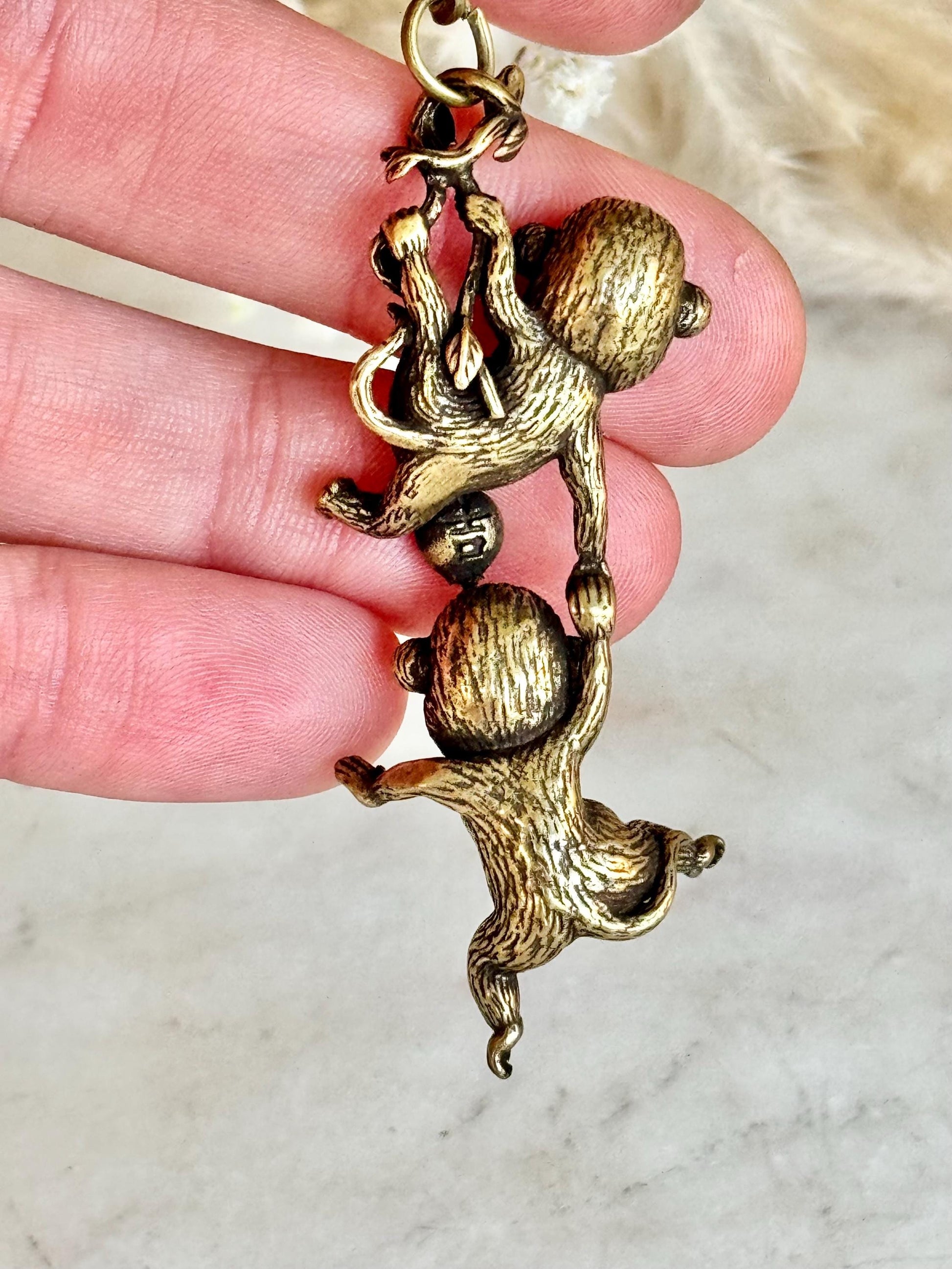 Japanese Style Solid Brass Silly Monkeys Keychain – Two Monkeys Hanging Together – Playful Duo Figurine