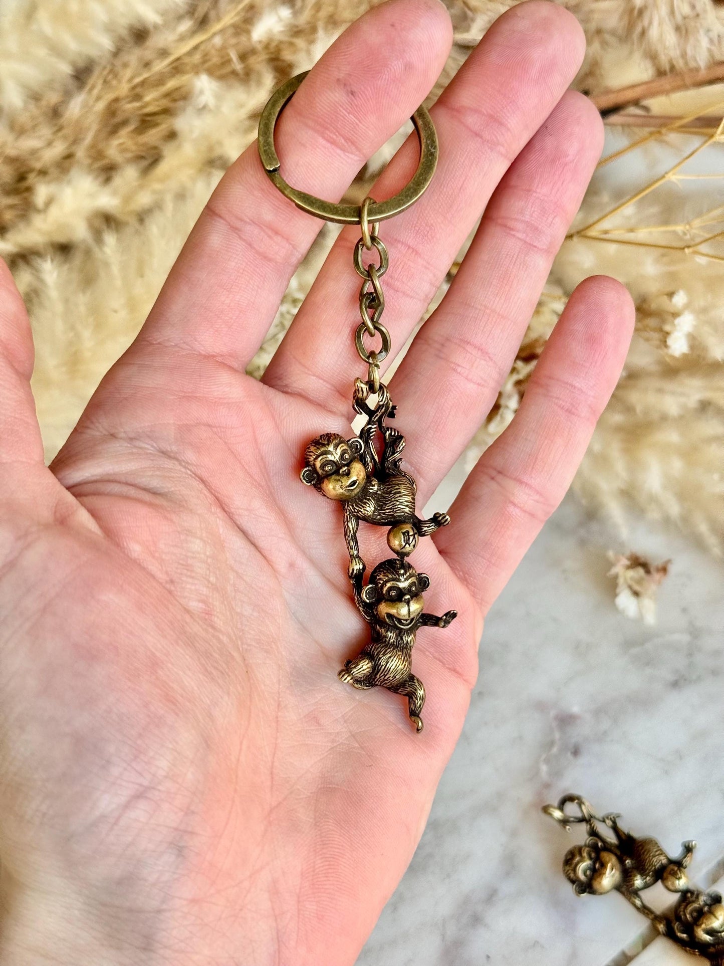 Japanese Style Solid Brass Silly Monkeys Keychain – Two Monkeys Hanging Together – Playful Duo Figurine
