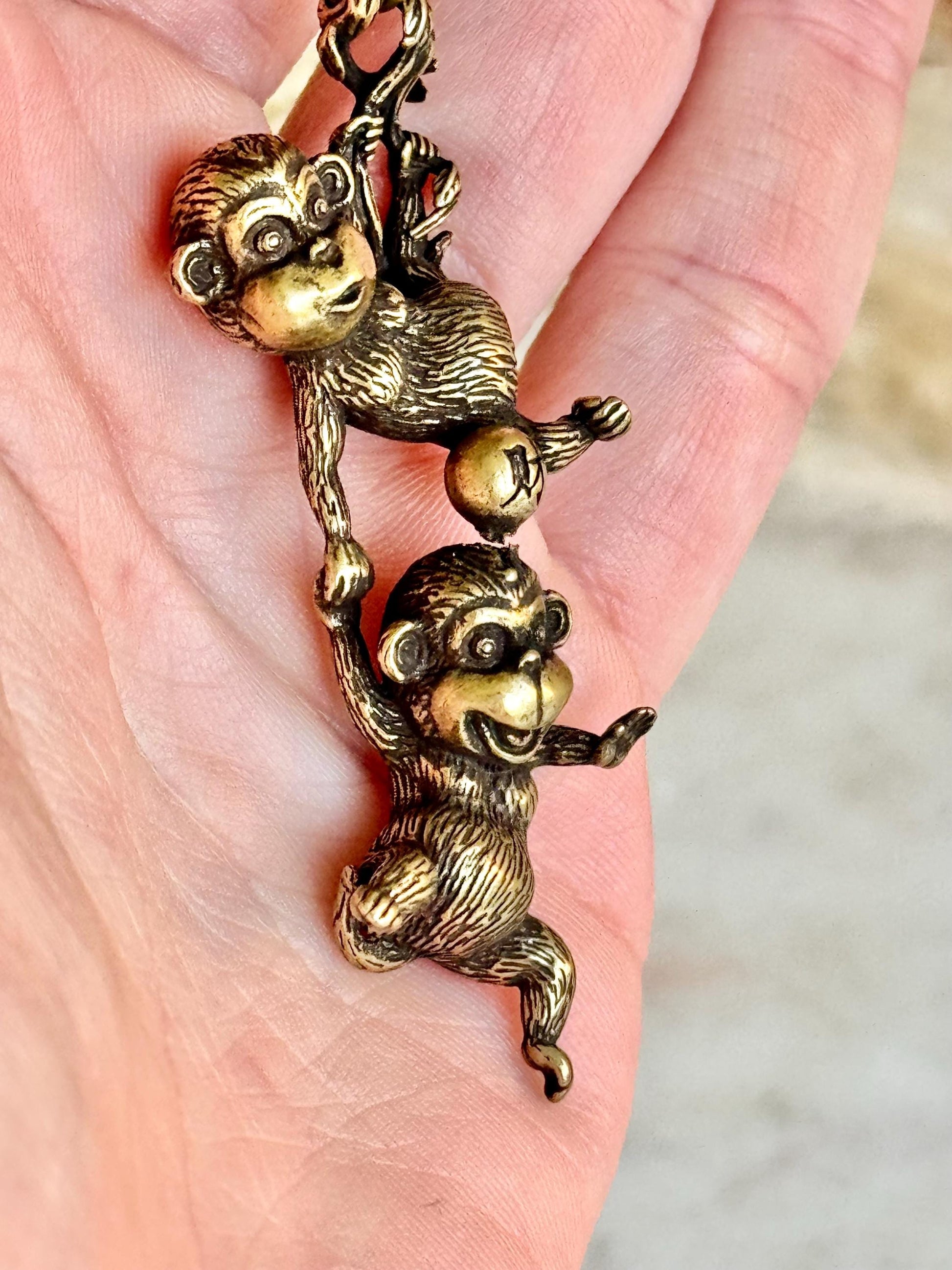 Japanese Style Solid Brass Silly Monkeys Keychain – Two Monkeys Hanging Together – Playful Duo Figurine
