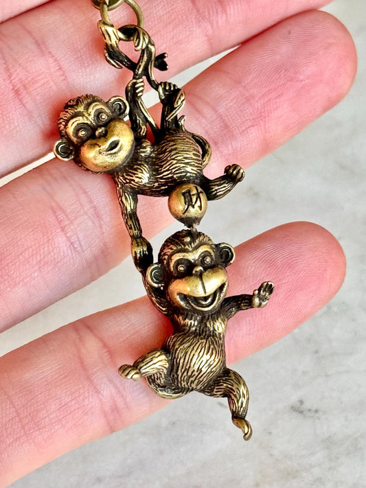 Japanese Style Solid Brass Silly Monkeys Keychain – Two Monkeys Hanging Together – Playful Duo Figurine