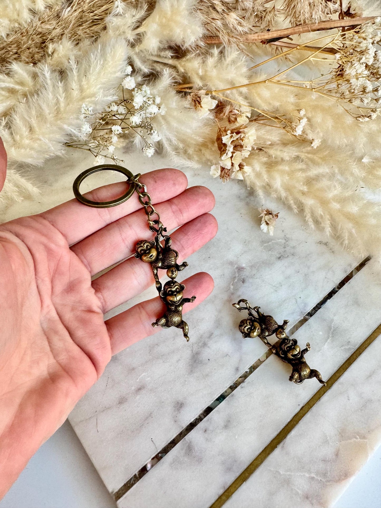 Japanese Style Solid Brass Silly Monkeys Keychain – Two Monkeys Hanging Together – Playful Duo Figurine