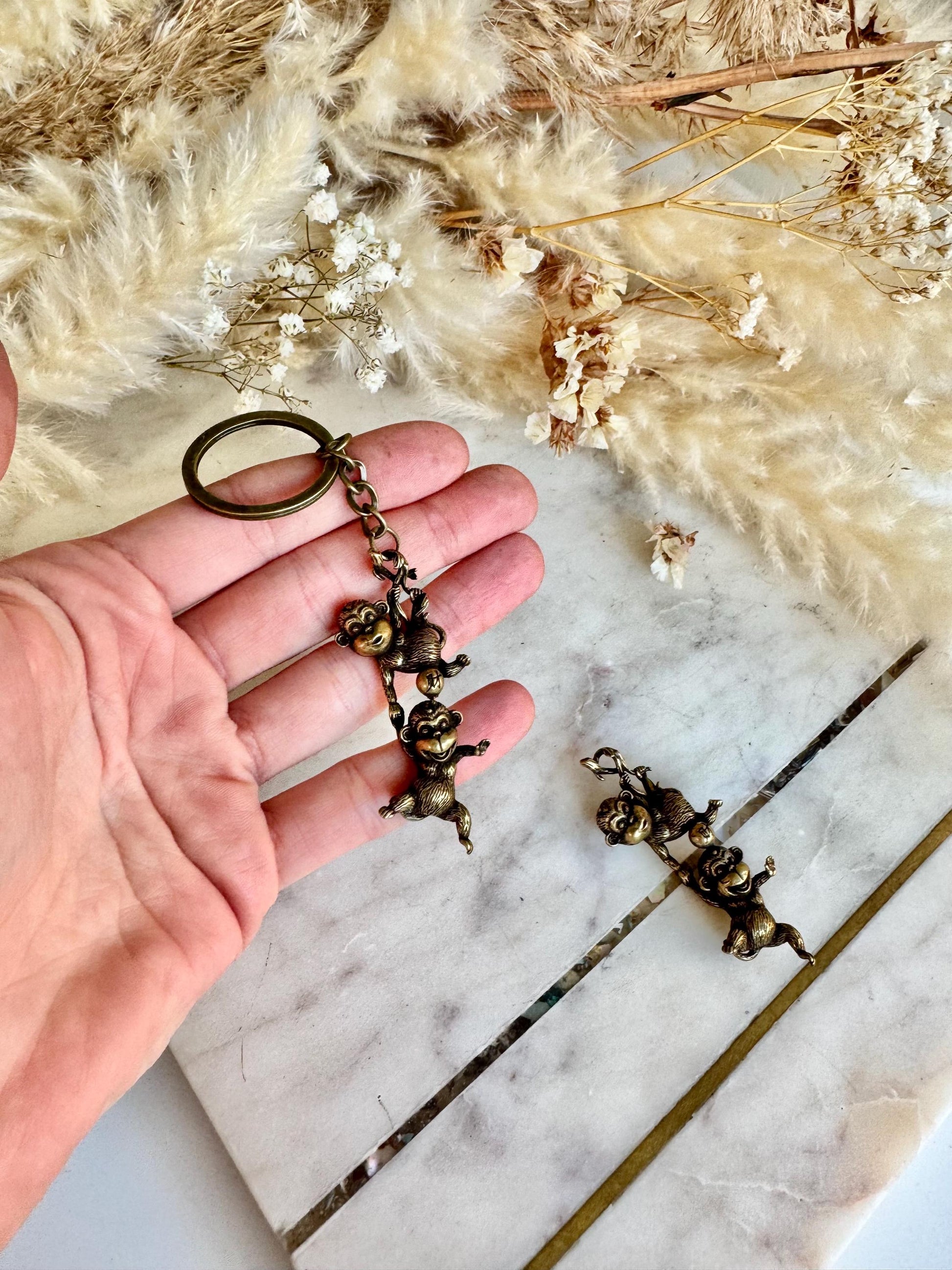 Japanese Style Solid Brass Silly Monkeys Keychain – Two Monkeys Hanging Together – Playful Duo Figurine