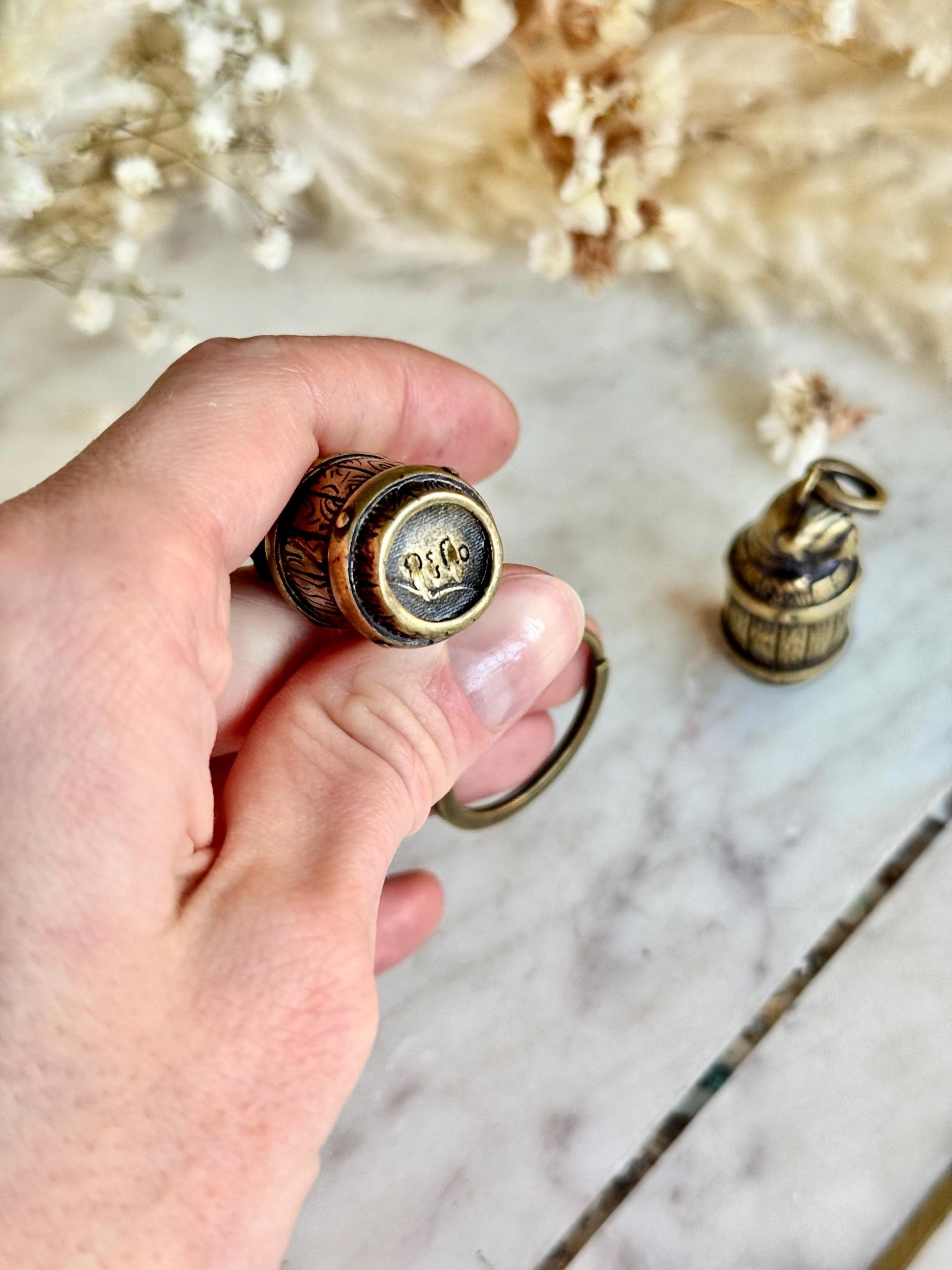 Secret Brass Pill Box Keychain – Bulldog on Barrel Hideaway