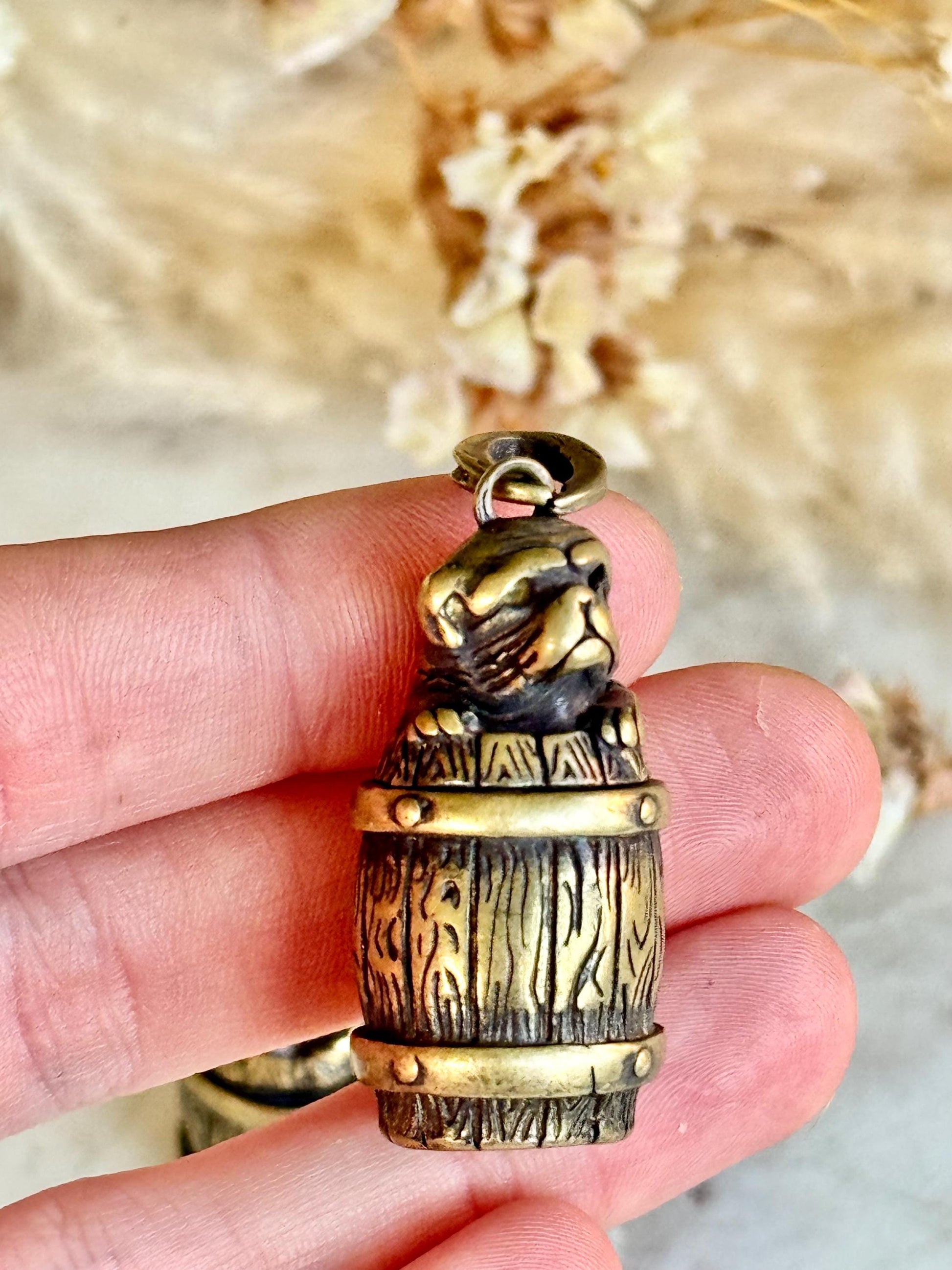Secret Brass Pill Box Keychain – Bulldog on Barrel Hideaway
