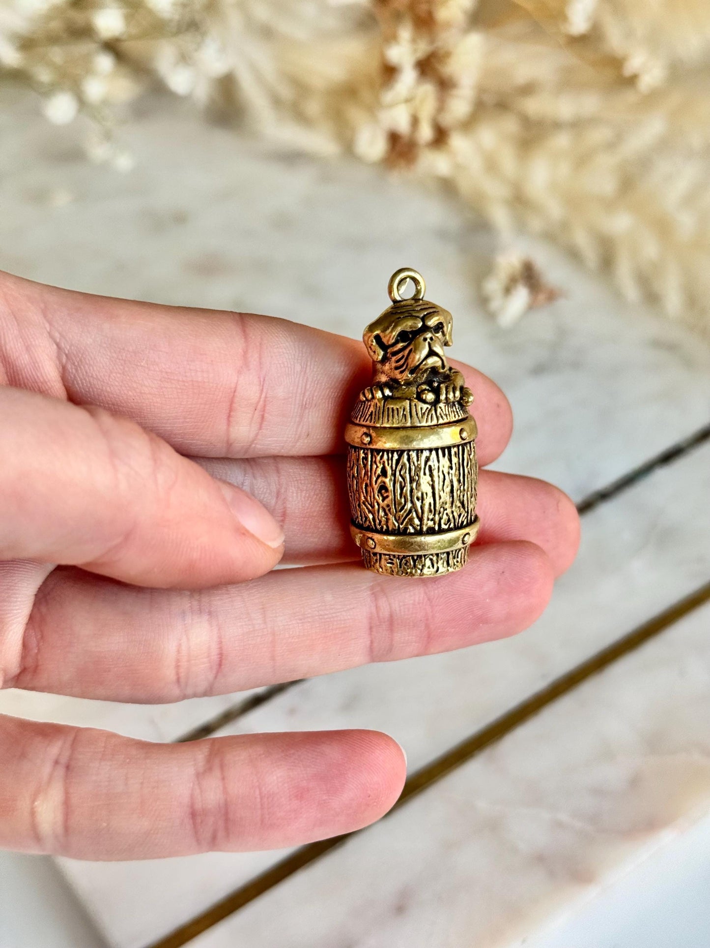 Secret Brass Pill Box Keychain – Bulldog on Barrel Hideaway