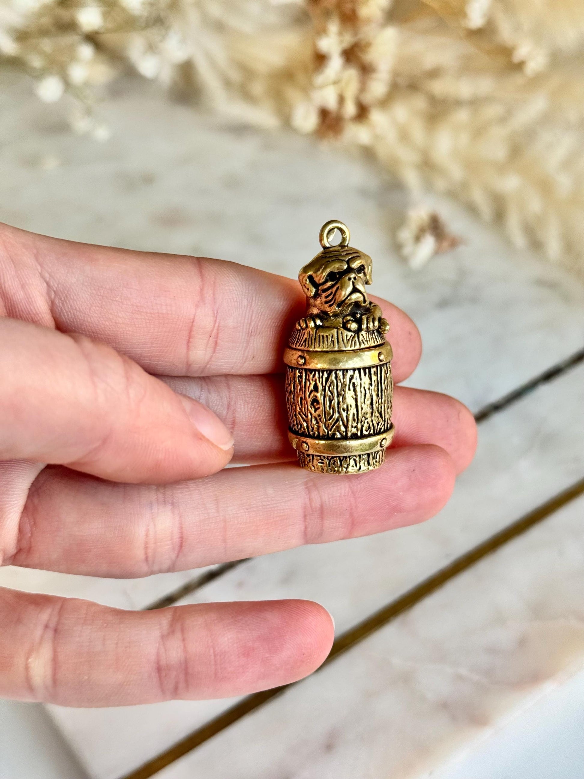 Secret Brass Pill Box Keychain – Bulldog on Barrel Hideaway