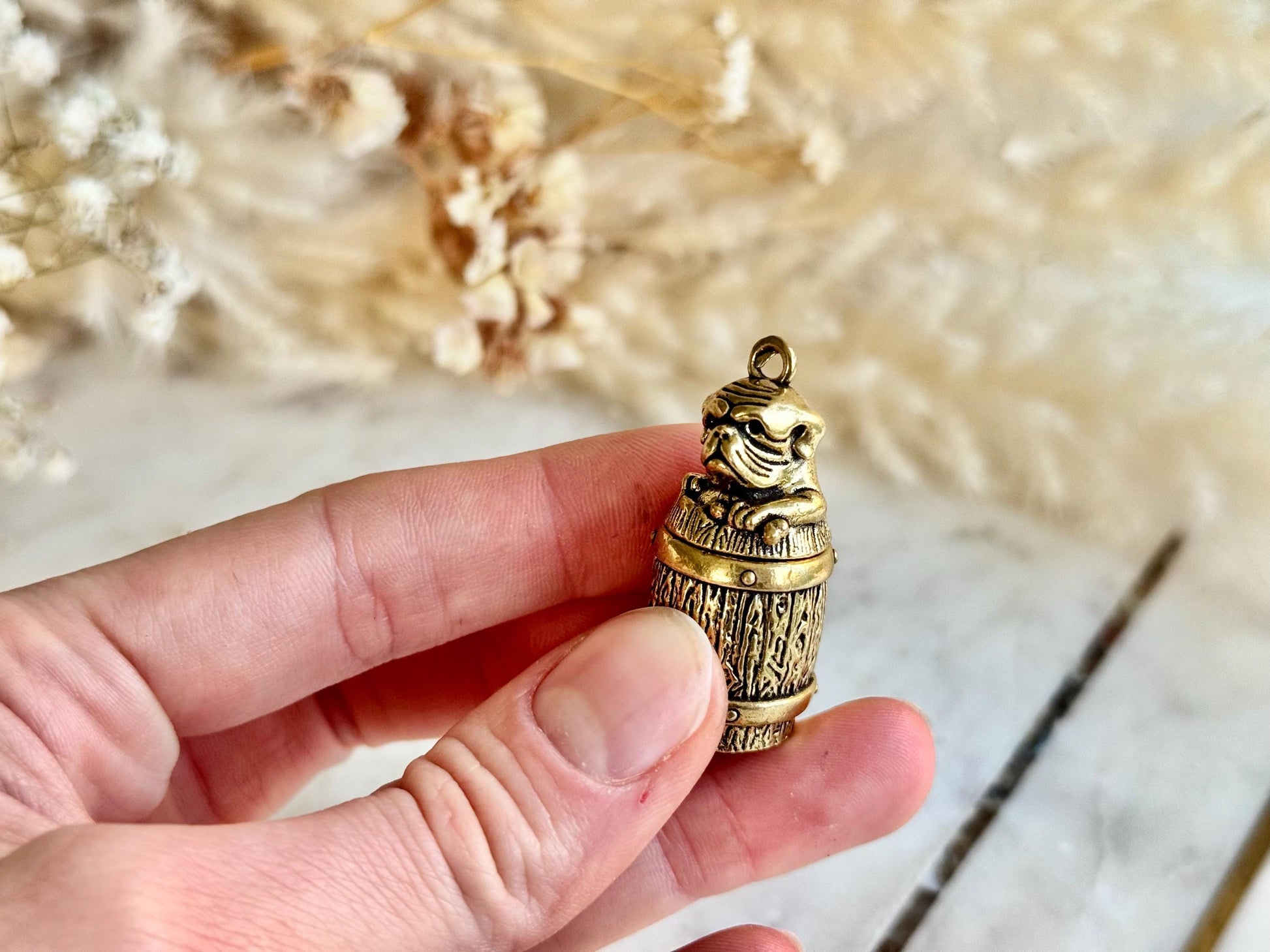 Secret Brass Pill Box Keychain – Bulldog on Barrel Hideaway