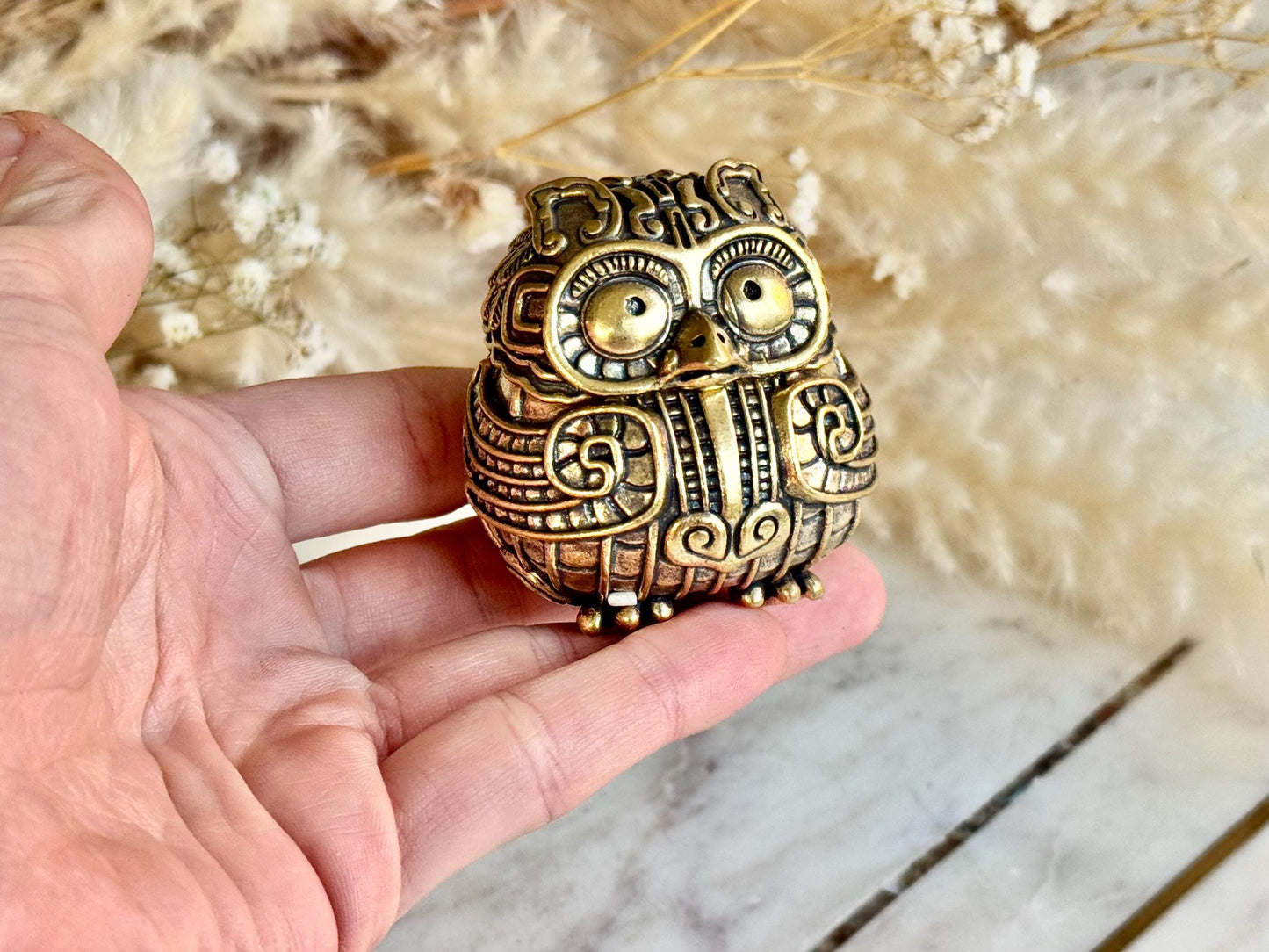 Ornate Solid Brass Owl Keepsake Box – Miniature Trinket Holder in Mystical Aztec Style