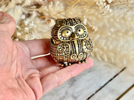 Ornate Solid Brass Owl Keepsake Box – Miniature Trinket Holder in Mystical Aztec Style