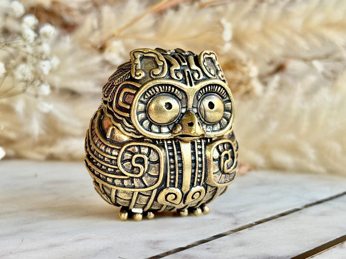 Ornate Solid Brass Owl Keepsake Box – Miniature Trinket Holder in Mystical Aztec Style