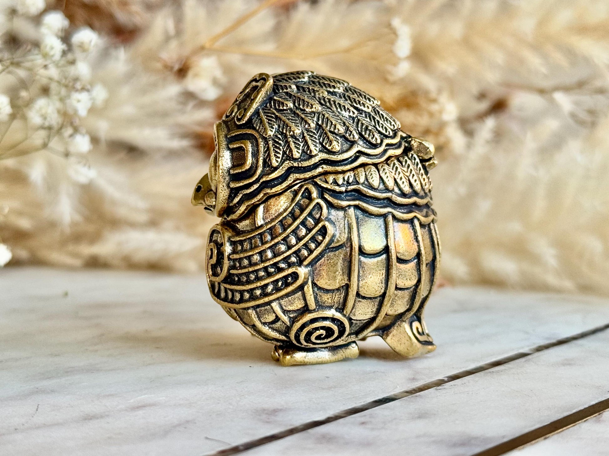 Ornate Solid Brass Owl Keepsake Box – Miniature Trinket Holder in Mystical Aztec Style
