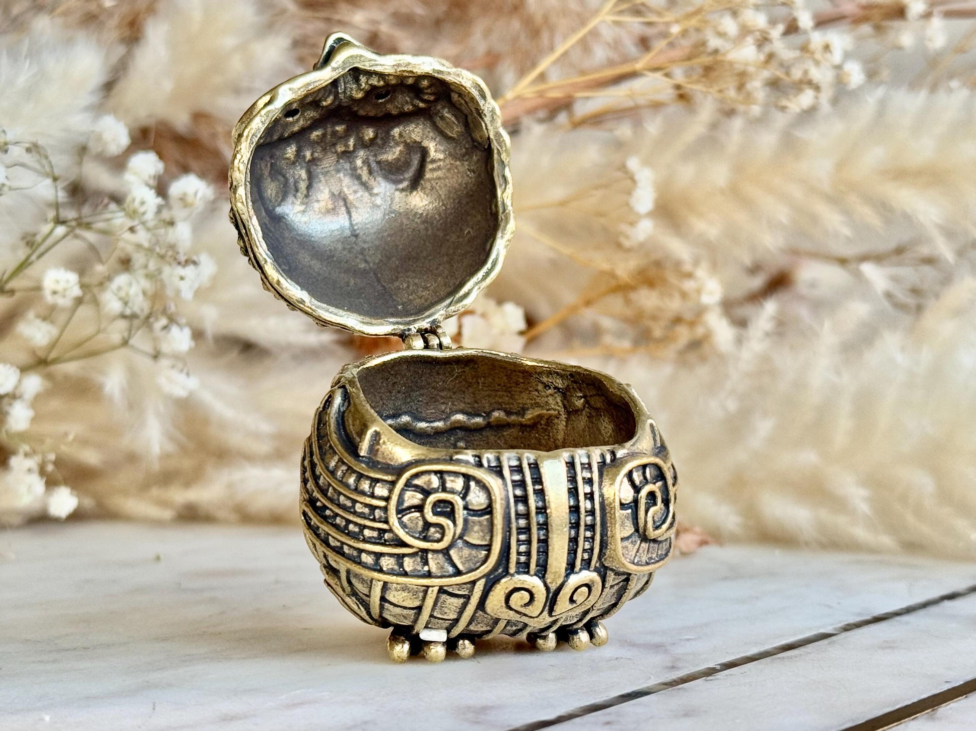 Ornate Solid Brass Owl Keepsake Box – Miniature Trinket Holder in Mystical Aztec Style