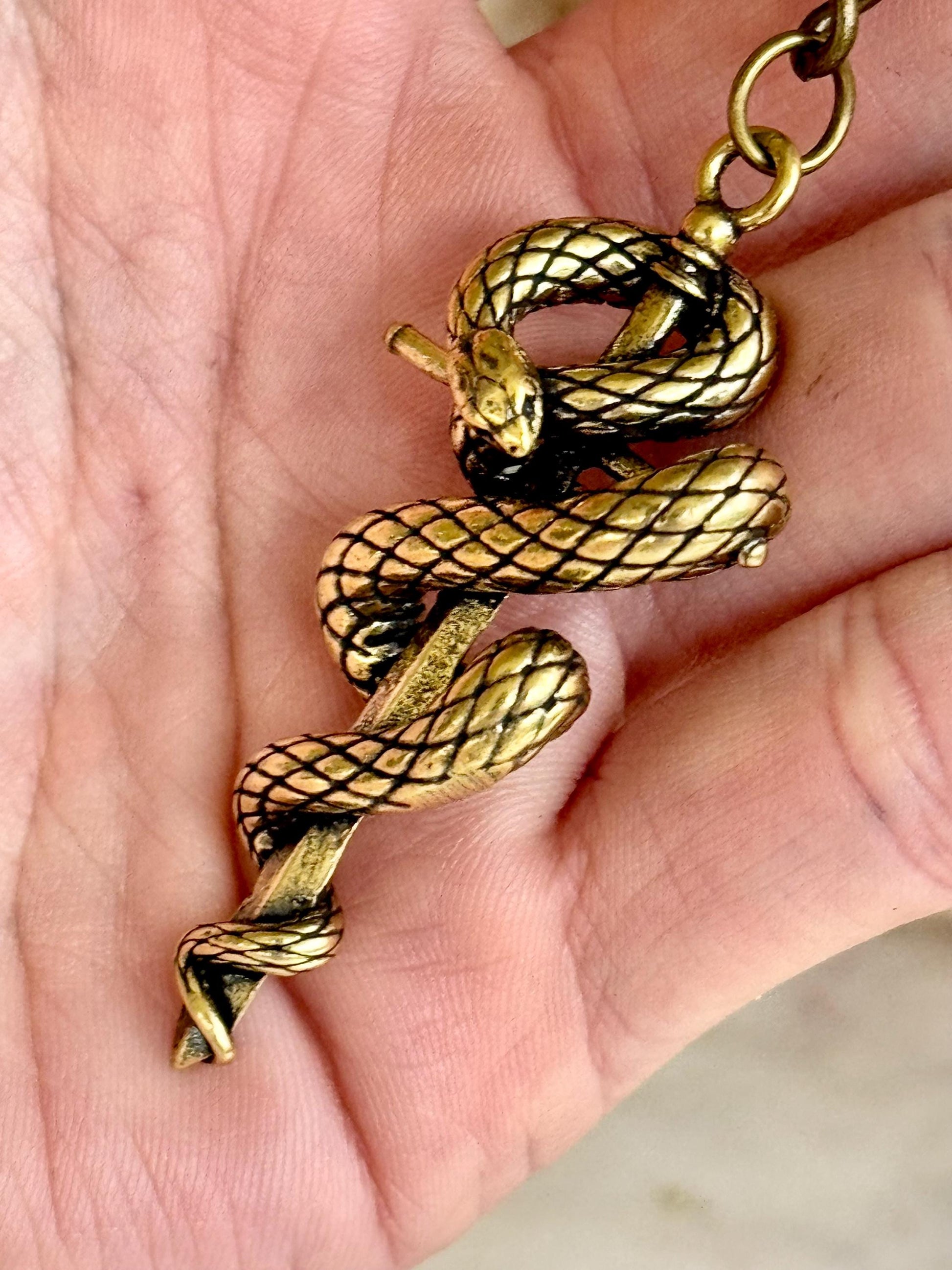Brass Snake and Dagger Amulet Keychain – Gothic Talisman of Strength, Stealth and Transformation