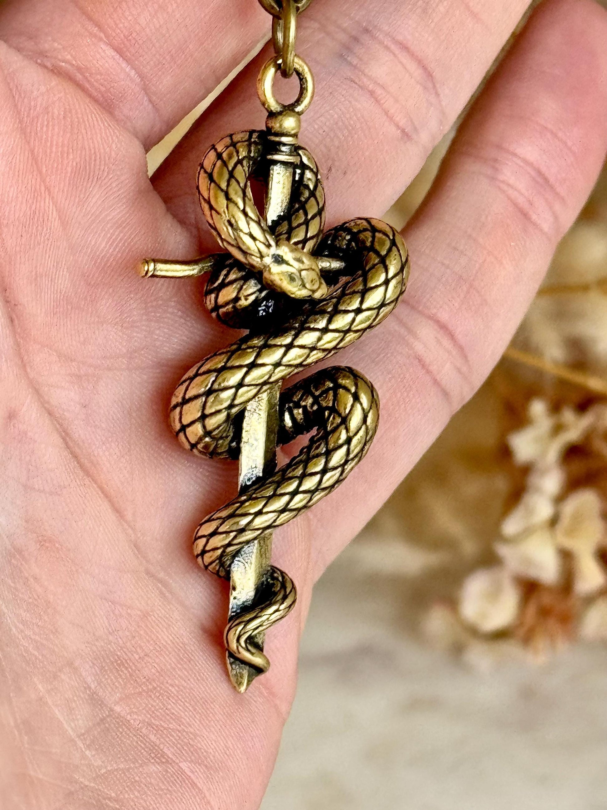 Brass Snake and Dagger Amulet Keychain – Gothic Talisman of Strength, Stealth and Transformation
