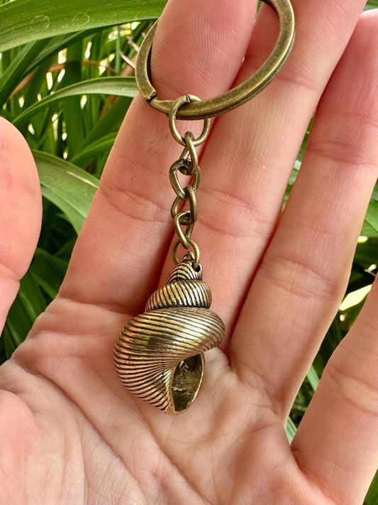 Solid Brass Spiral Seashell Charm or Nautical Keyring with Patina - Coastal Style Accessory, Sealover Collectible