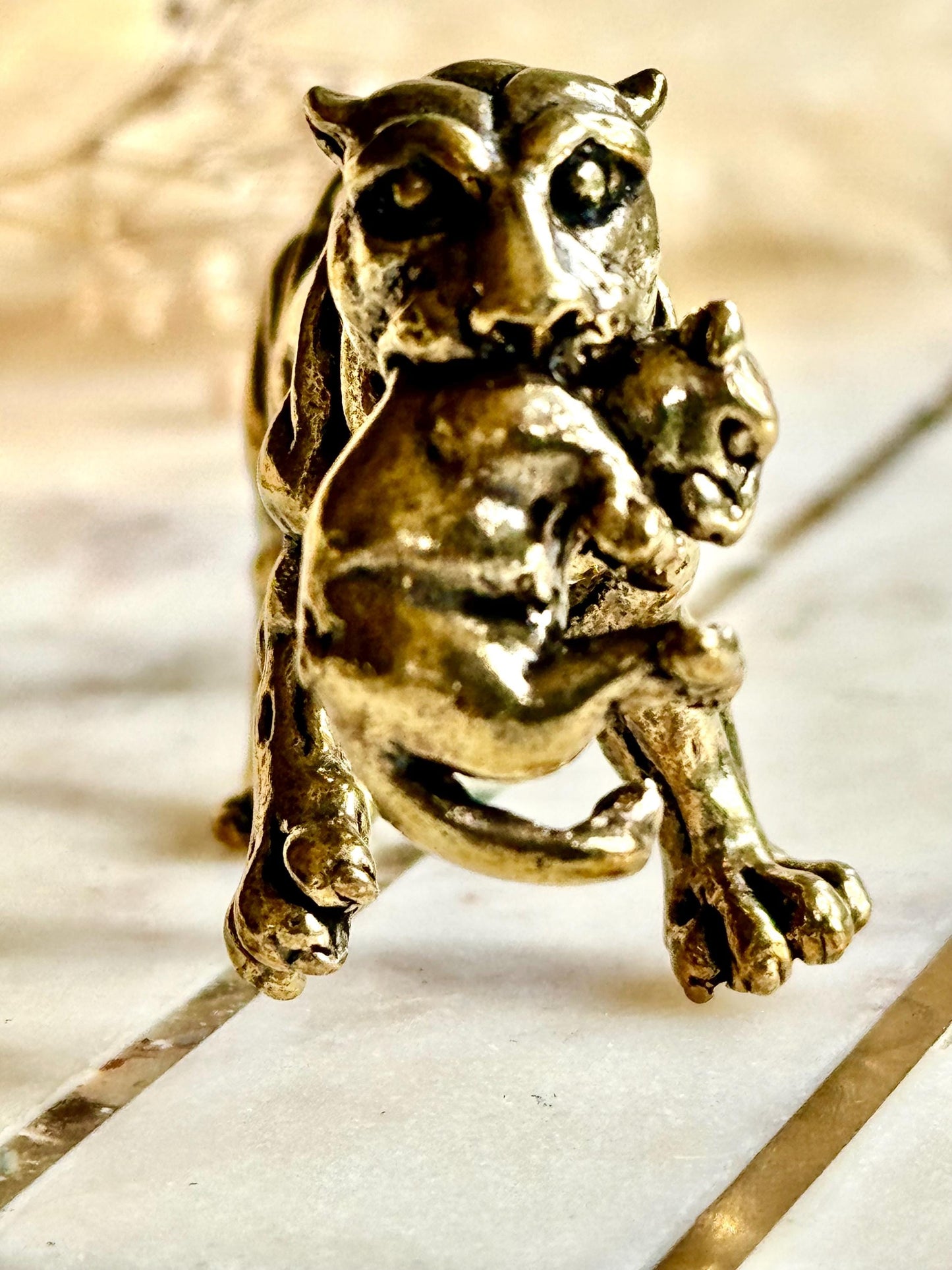 Solid Brass Panther Figurine Carrying a Cub Minimalist Jungle Cat Sculpture