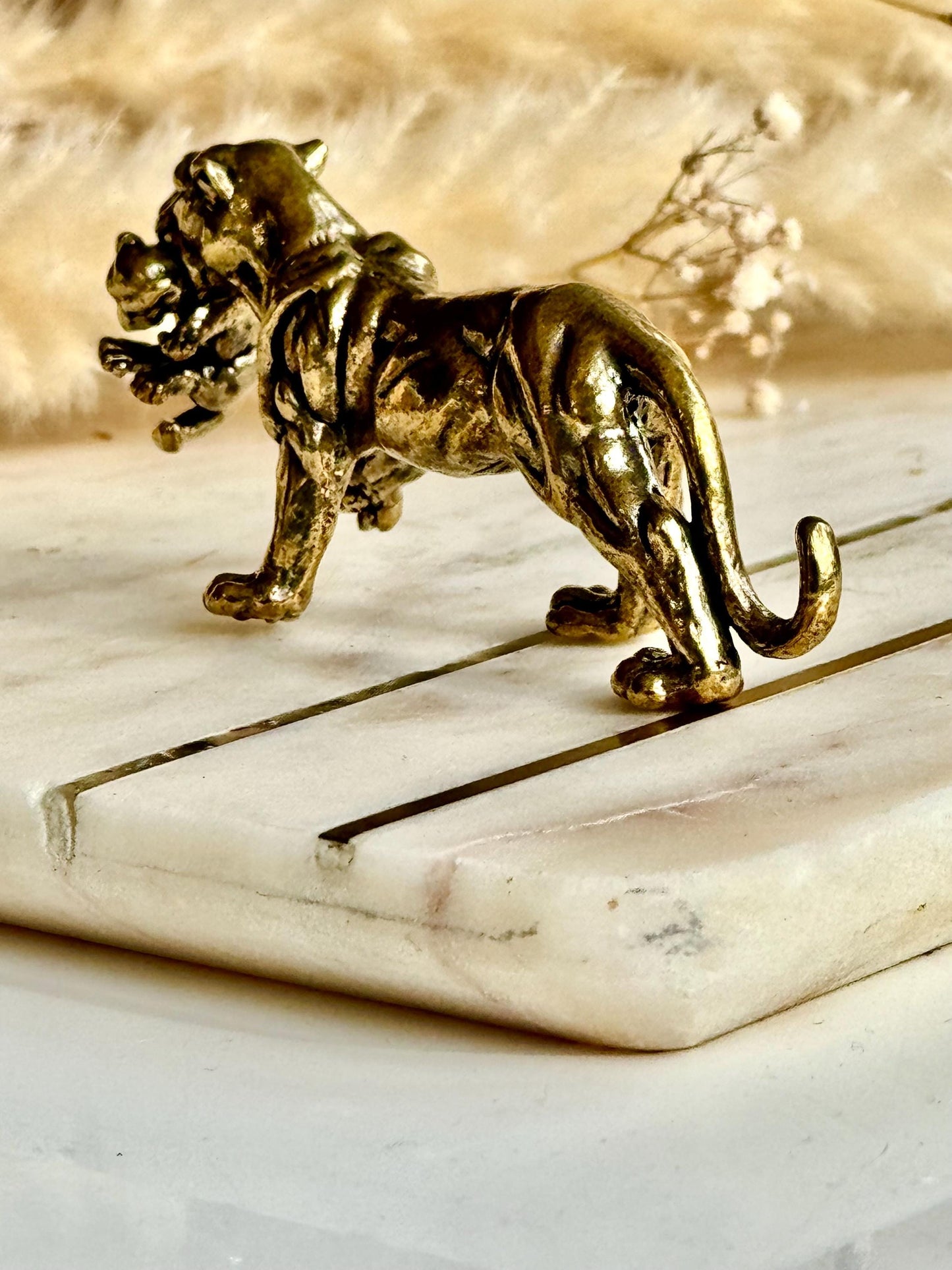 Solid Brass Panther Figurine Carrying a Cub Minimalist Jungle Cat Sculpture