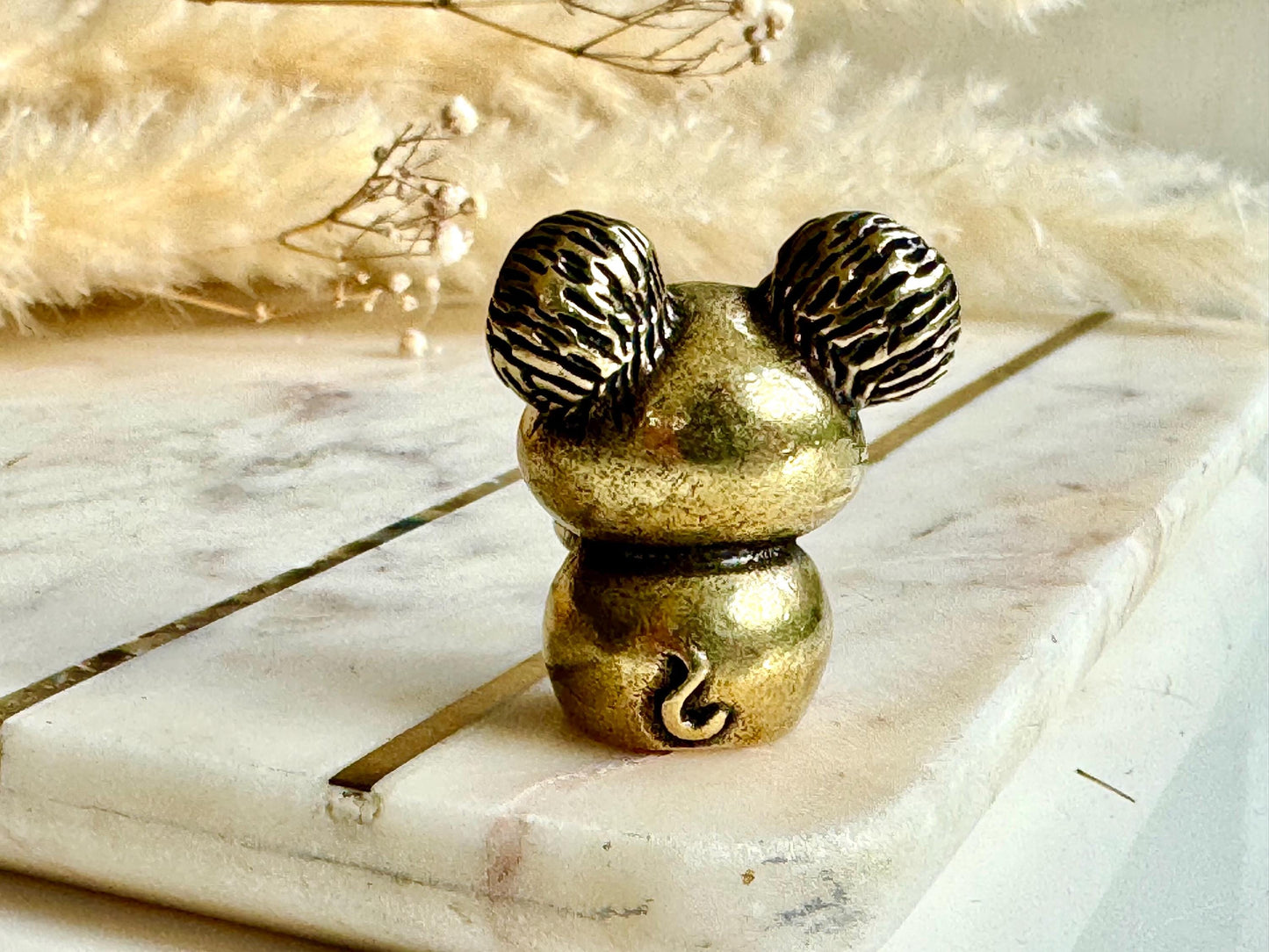 Miniature Brass Mouse Figurine Holding Cheese – Lucky Charm Animal Sculpture