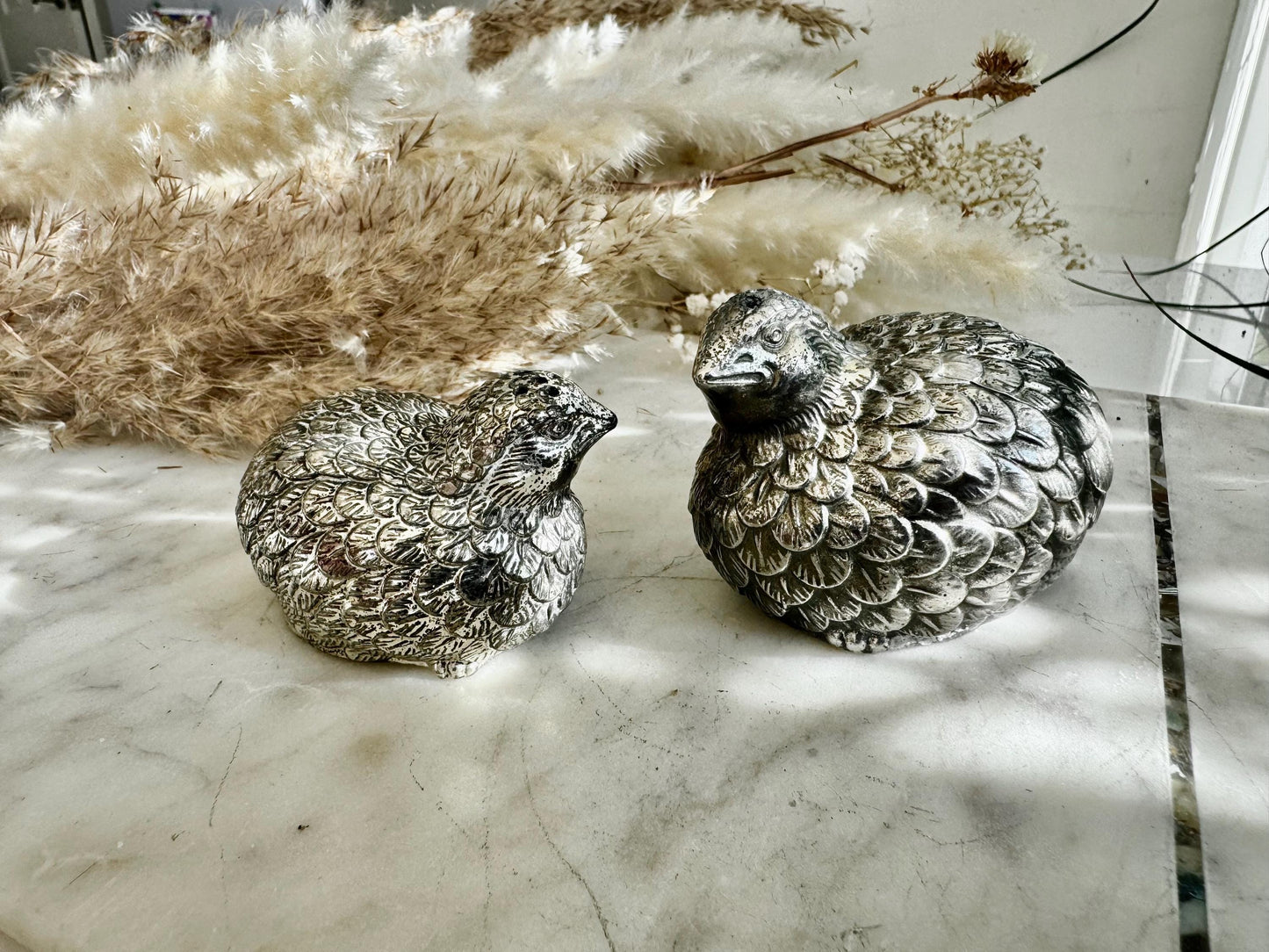 Pair of Vintage Silver-Plated Quail Salt & Pepper Shakers – Hand-Finished Bird Figurines with Feather Detailing