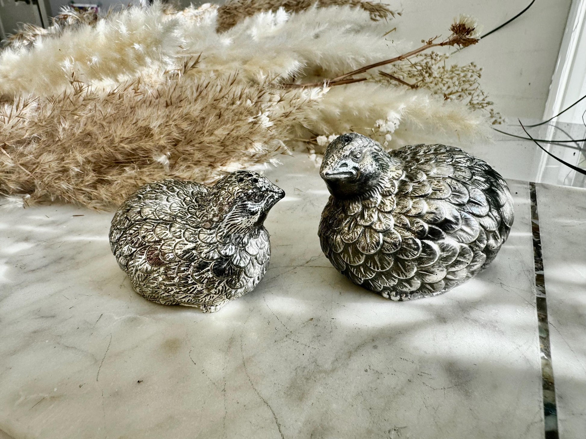 Pair of Vintage Silver-Plated Quail Salt & Pepper Shakers – Hand-Finished Bird Figurines with Feather Detailing