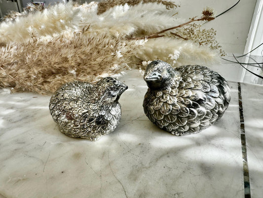 Pair of Vintage Silver-Plated Quail Salt & Pepper Shakers – Hand-Finished Bird Figurines with Feather Detailing