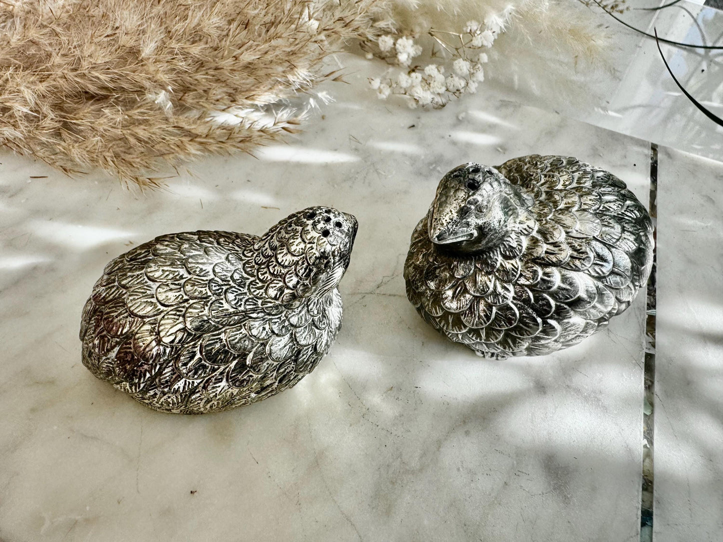 Pair of Vintage Silver-Plated Quail Salt & Pepper Shakers – Hand-Finished Bird Figurines with Feather Detailing