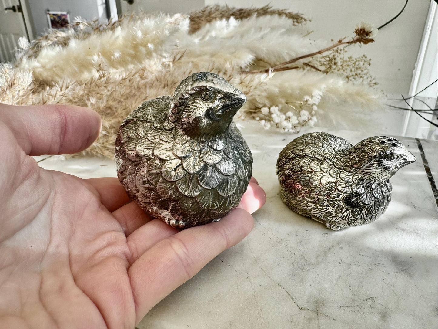Pair of Vintage Silver-Plated Quail Salt & Pepper Shakers – Hand-Finished Bird Figurines with Feather Detailing